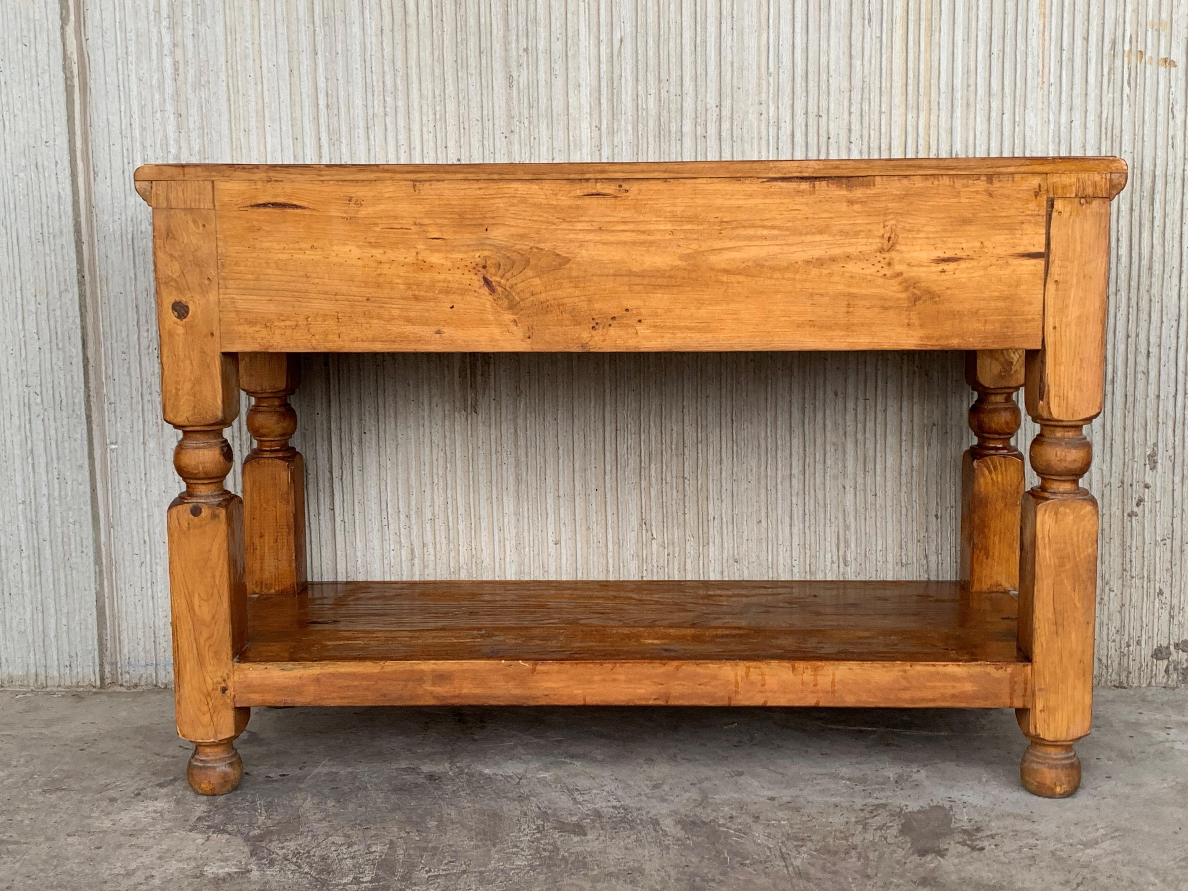 French Provincial French Two-Drawer Console Table in Antique Pine with Low Shelve