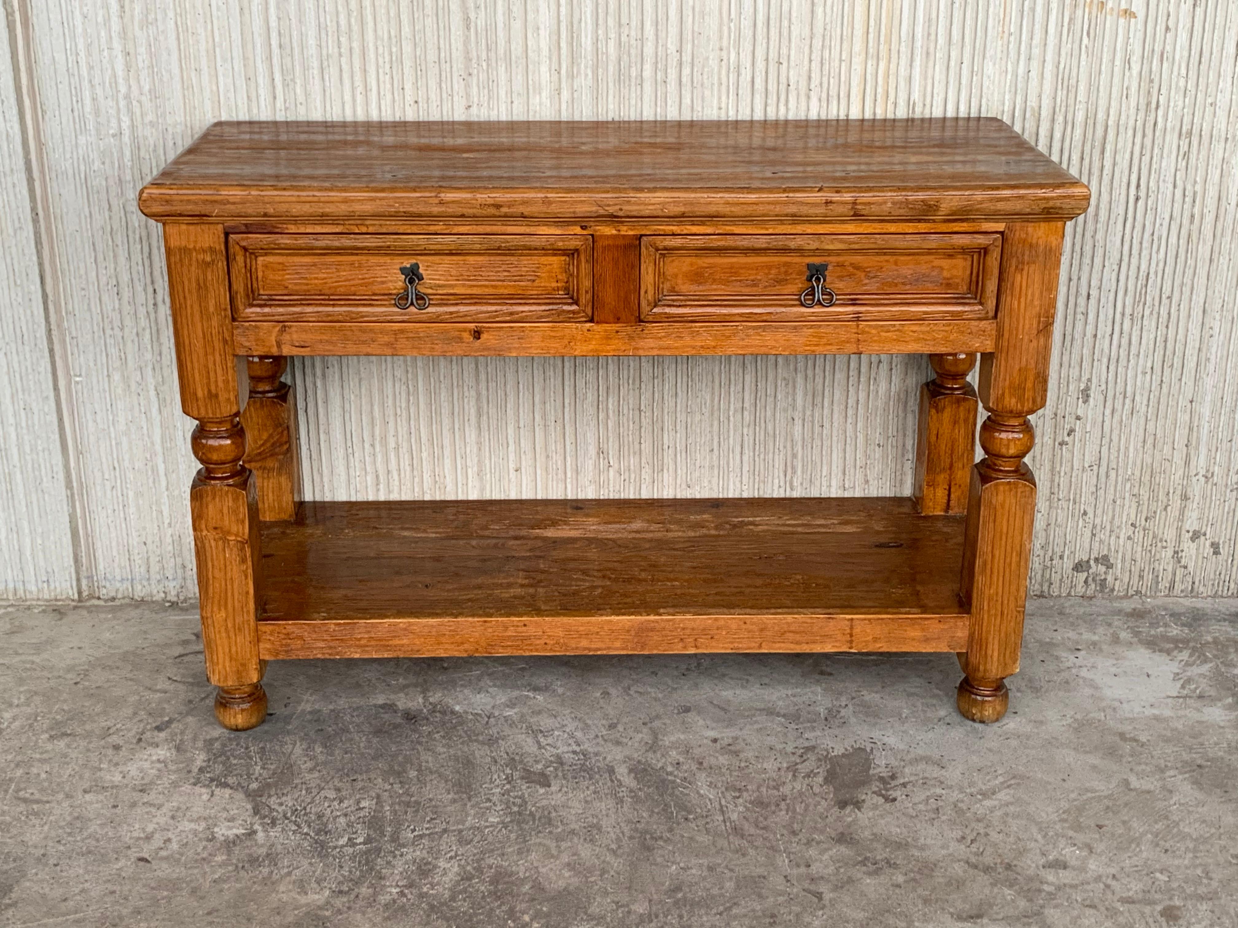 20th Century French Two-Drawer Console Table in Antique Pine with Low Shelve
