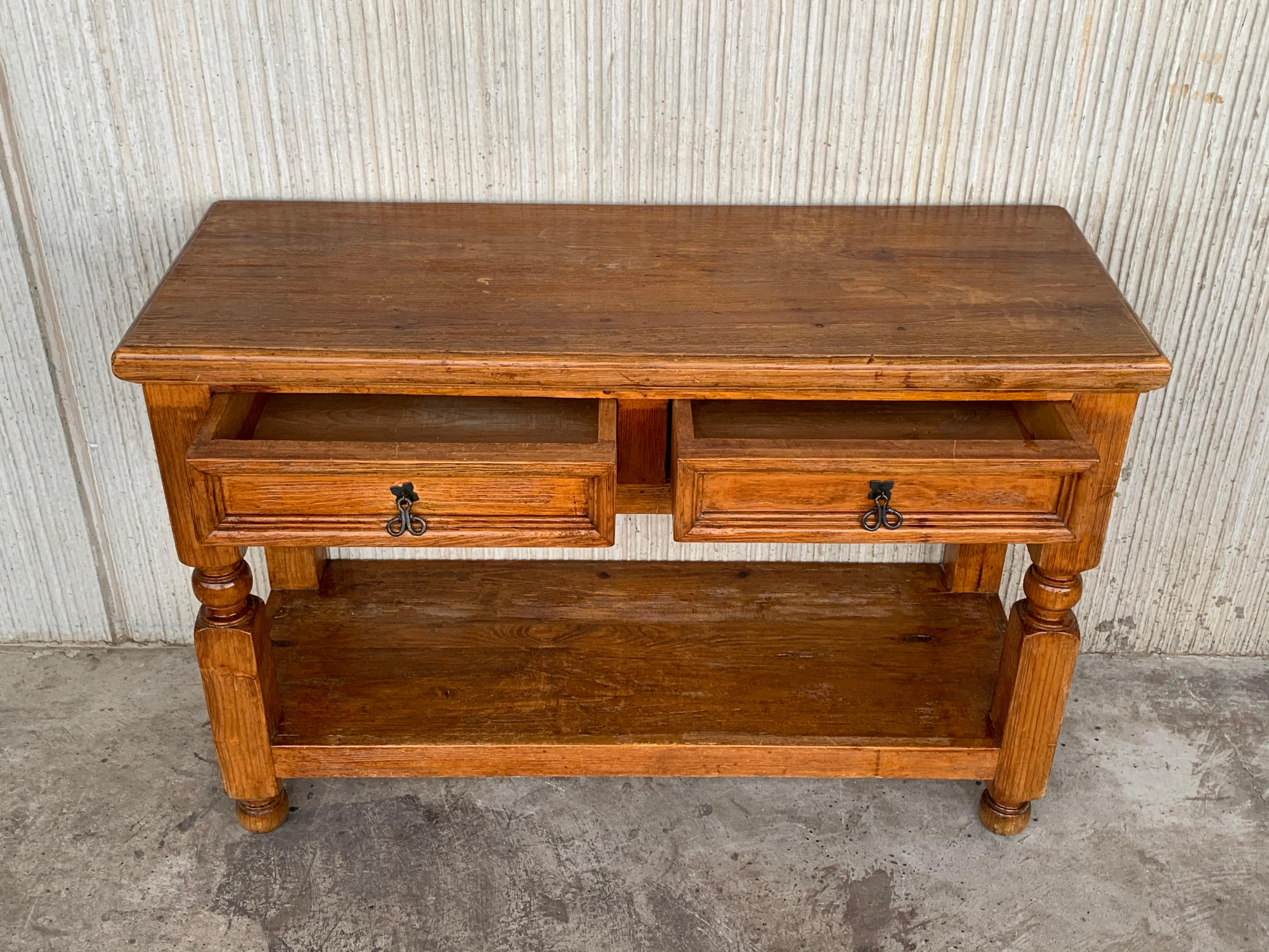 French Two-Drawer Console Table in Antique Pine with Low Shelve 2
