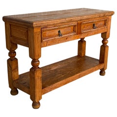 French Two-Drawer Console Table in Antique Pine with Low Shelve