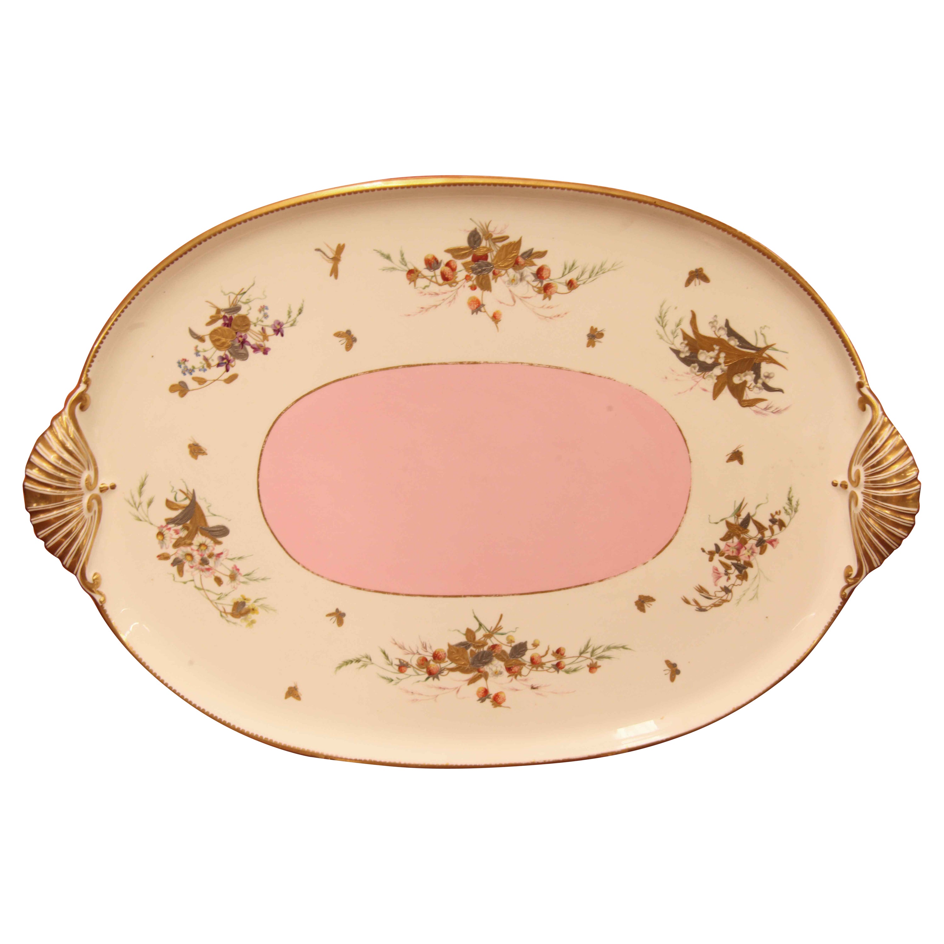 Plateau en porcelaine à deux poignées