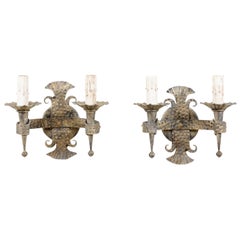 French Two-Light Iron Sconces with Hammered Texture Finish, Mid-20th Century