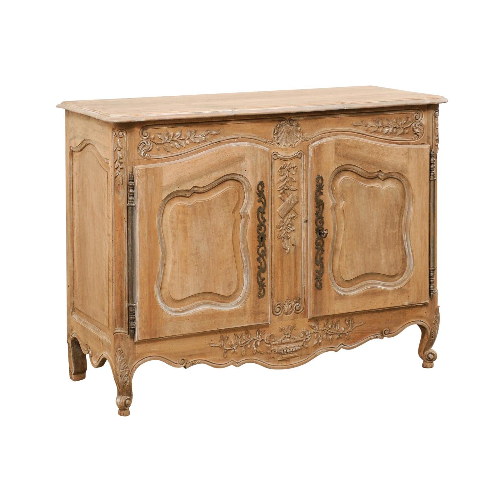 French Two-Paneled Door & Nicely Carved Bleached Wood Cabinet, Mid-20th Century