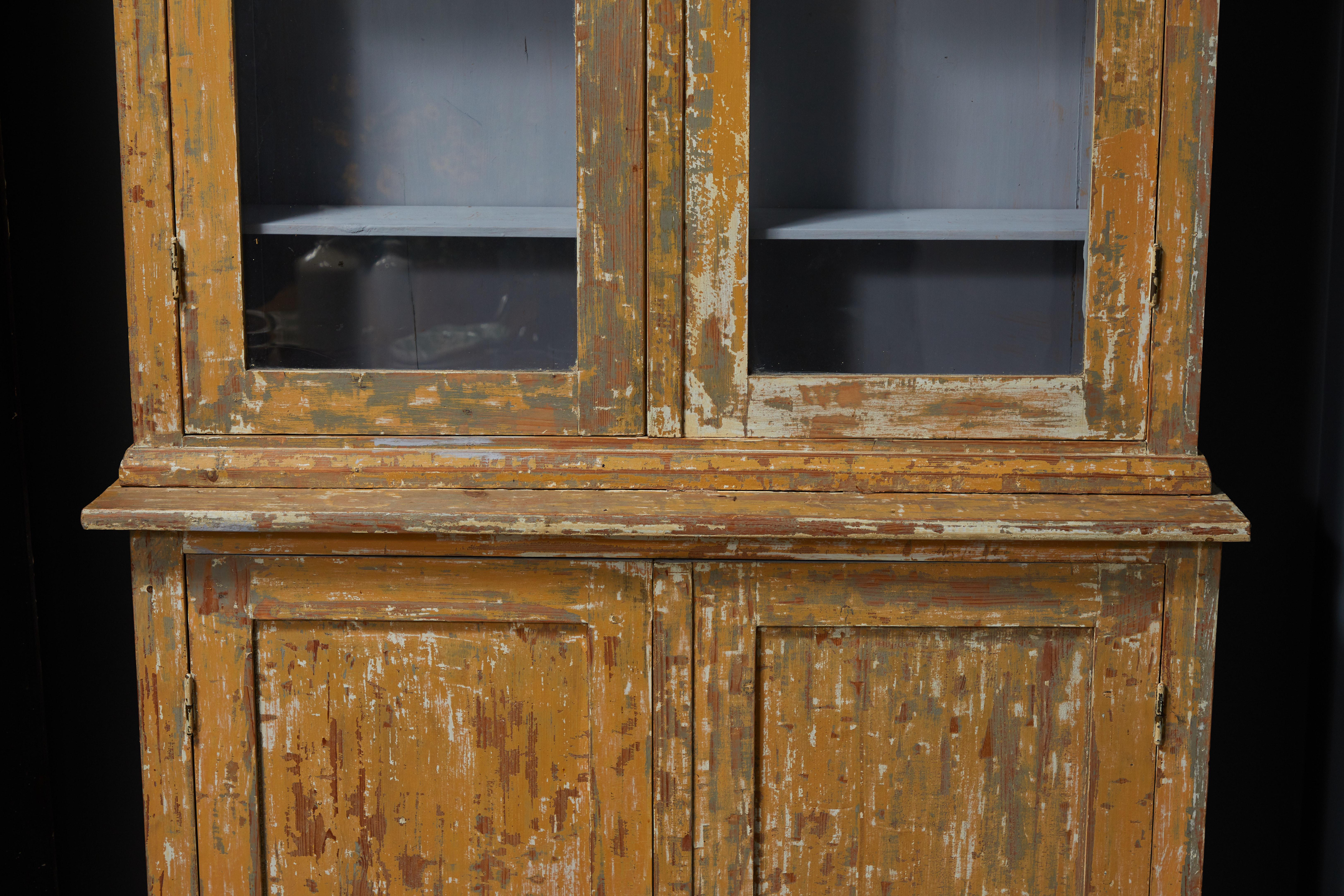 Mid-20th Century French Two Piece China Cabinet Hutch with Glass Doors 