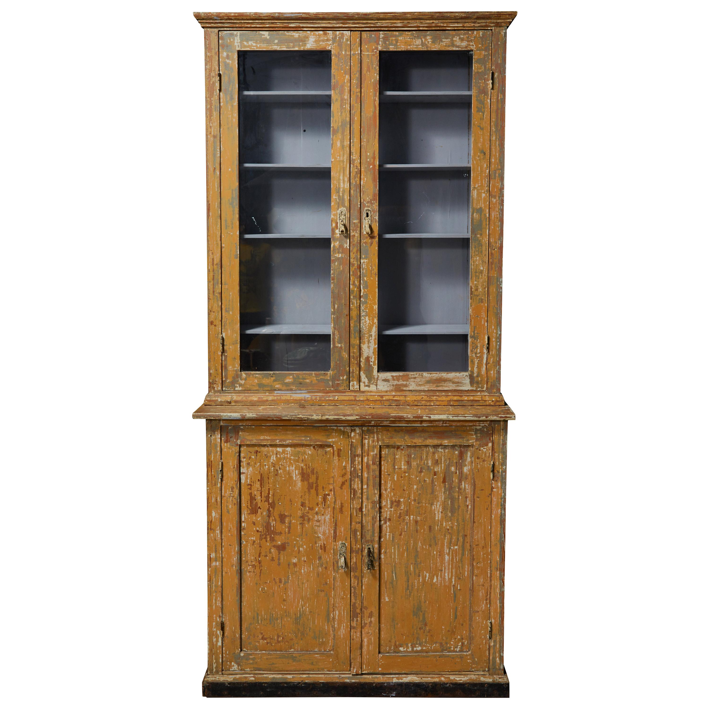 French Two Piece China Cabinet Hutch with Glass Doors 