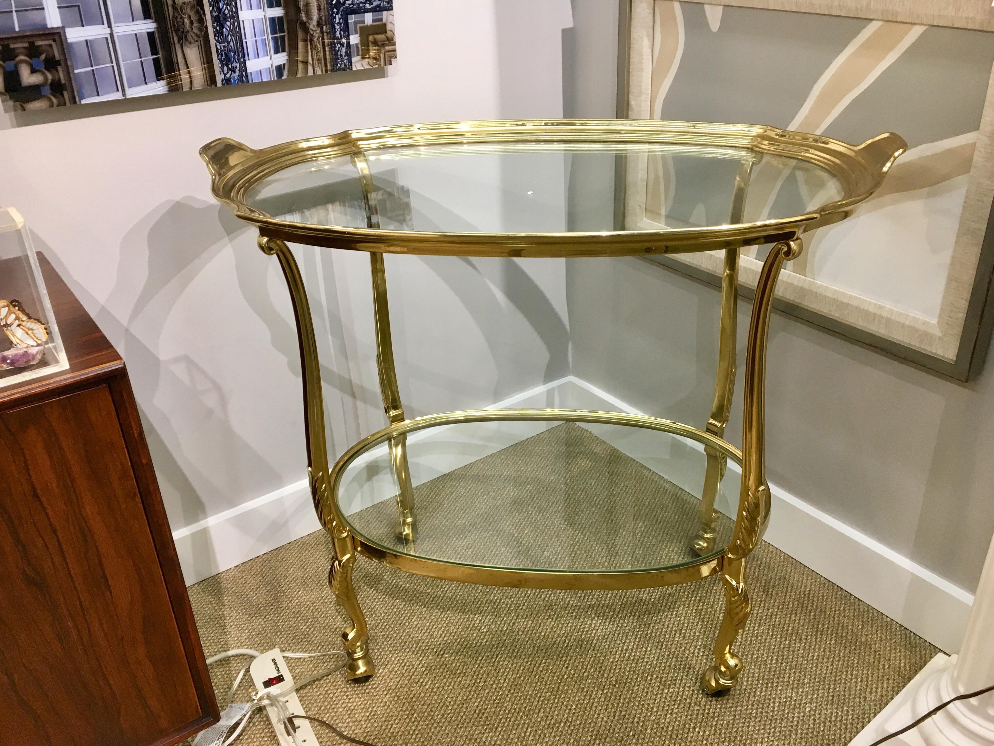 French Two-Tier All Brass Barcart Bar Tea Cart In Excellent Condition In West Hartford, CT