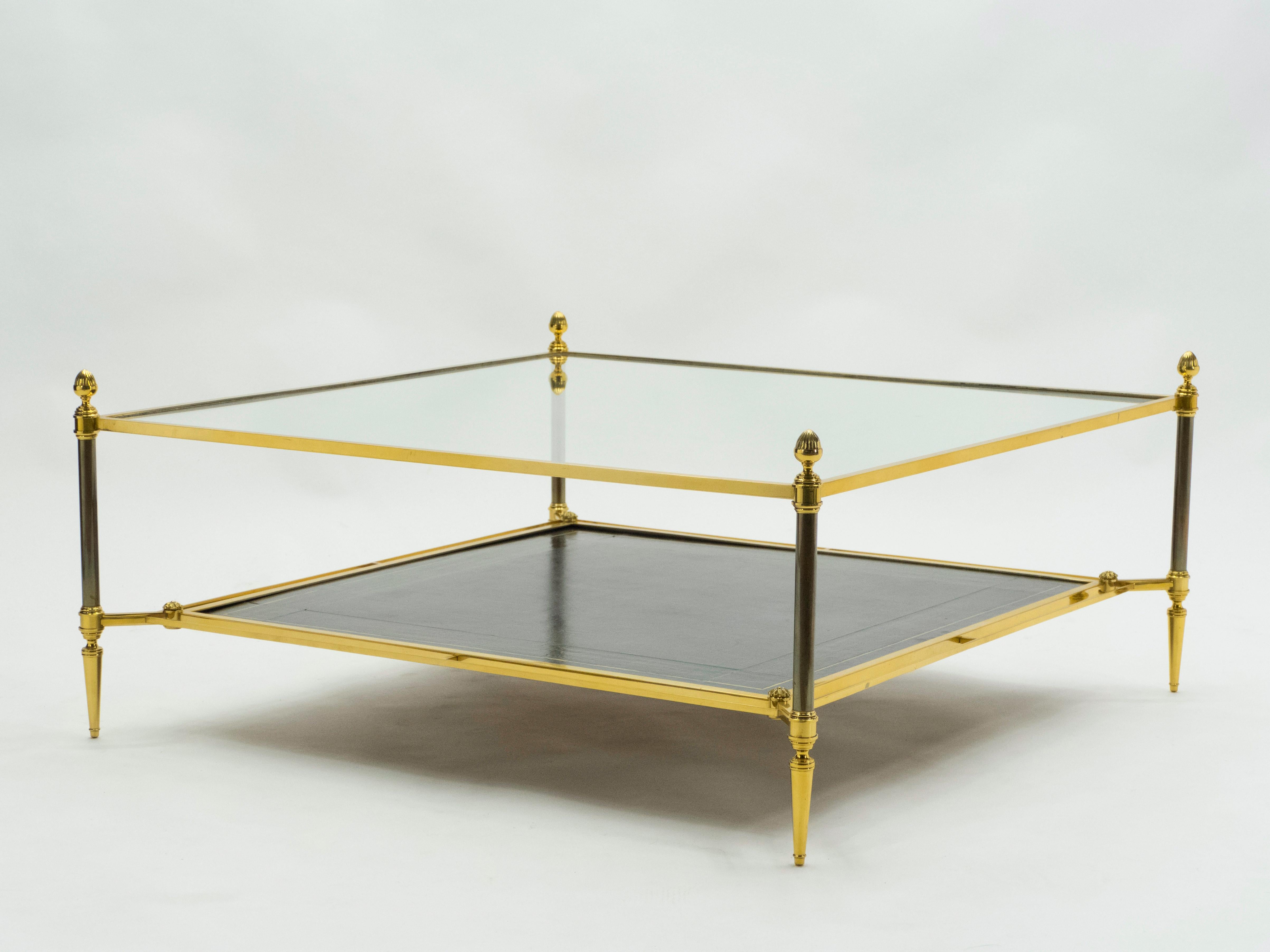 French Two-Tier Maison Jansen Brass Leather Glass Coffee Table, 1970s 6