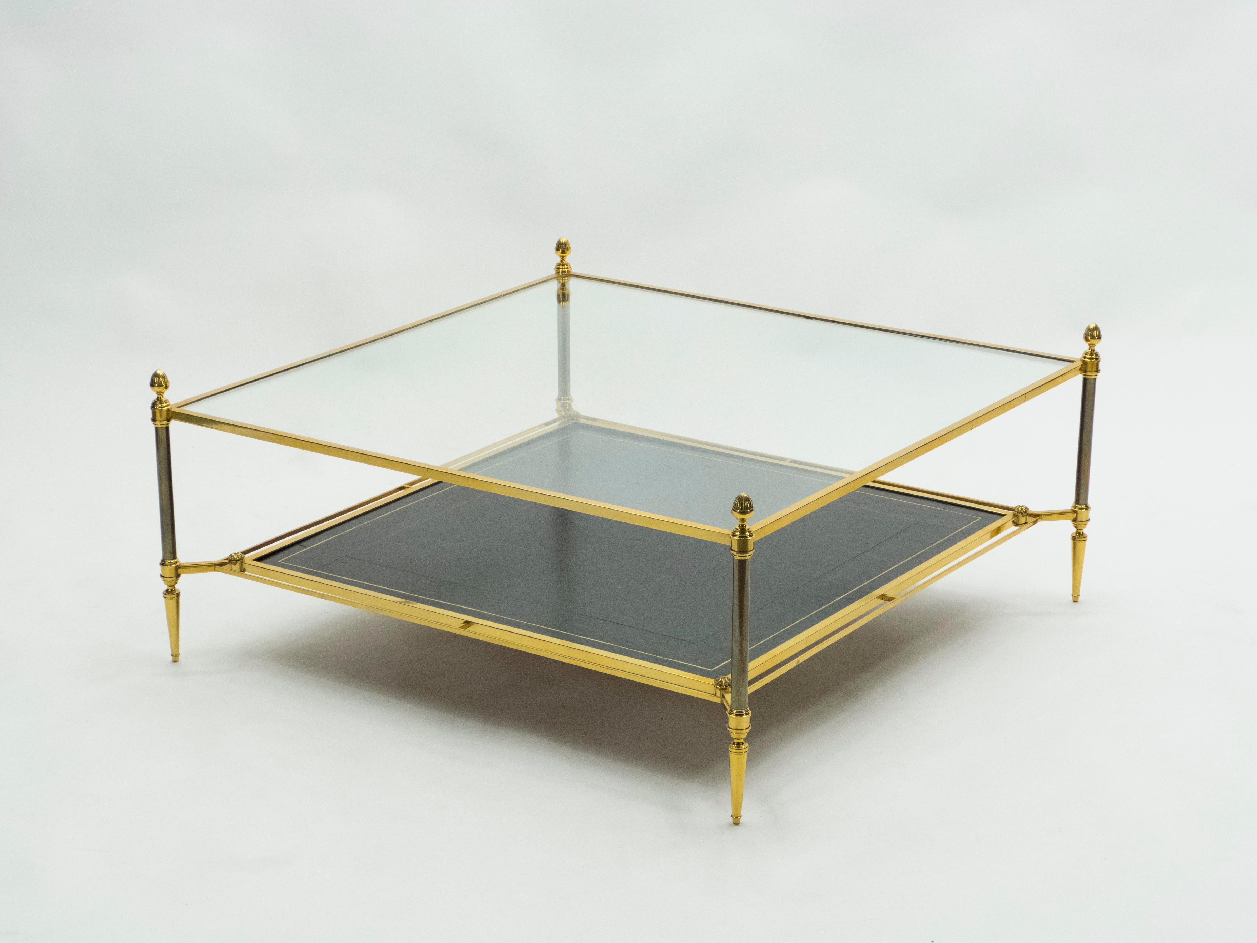 Mid-Century Modern French Two-Tier Maison Jansen Brass Leather Glass Coffee Table, 1970s