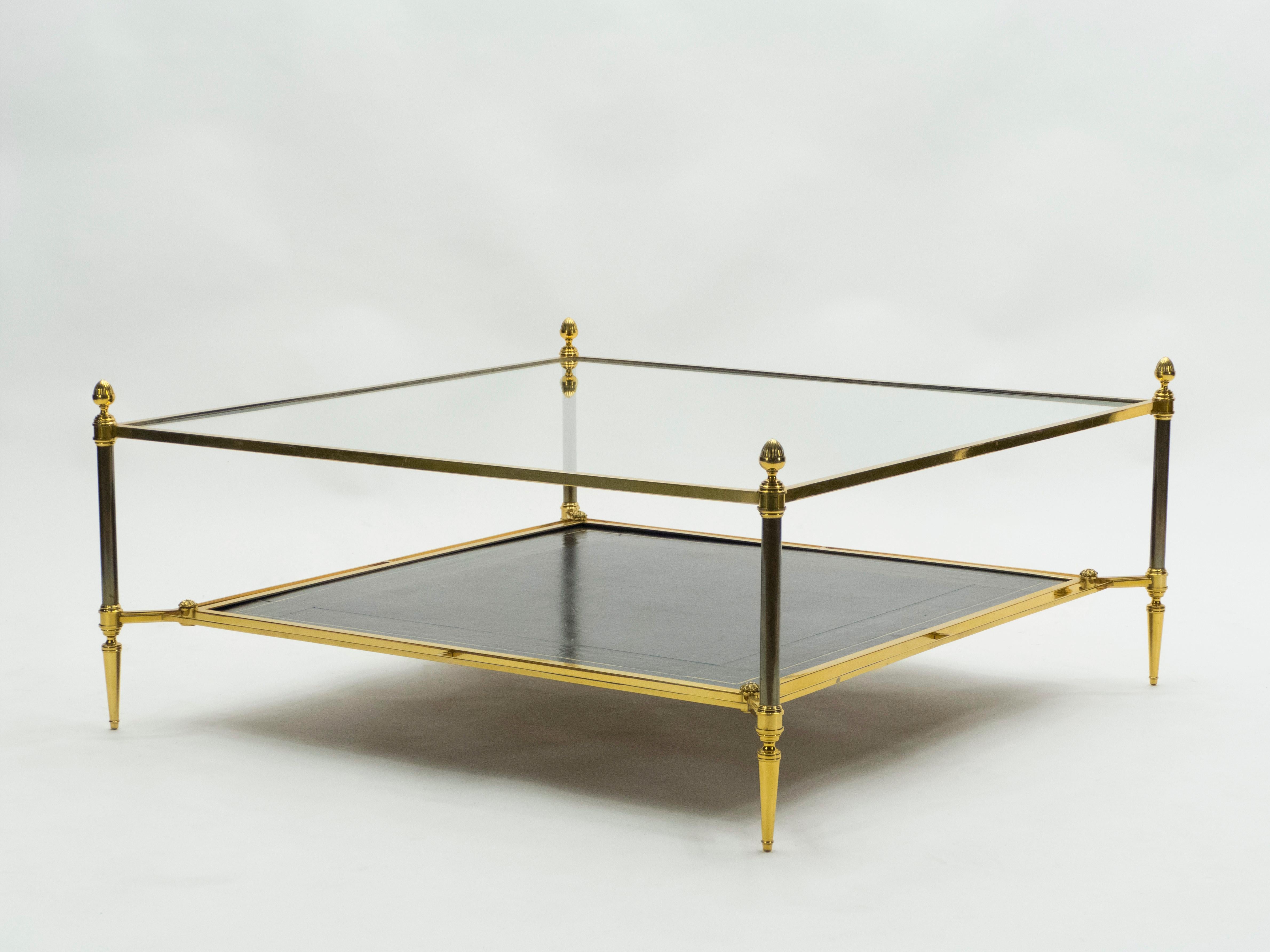French Two-Tier Maison Jansen Brass Leather Glass Coffee Table, 1970s In Good Condition In Paris, IDF