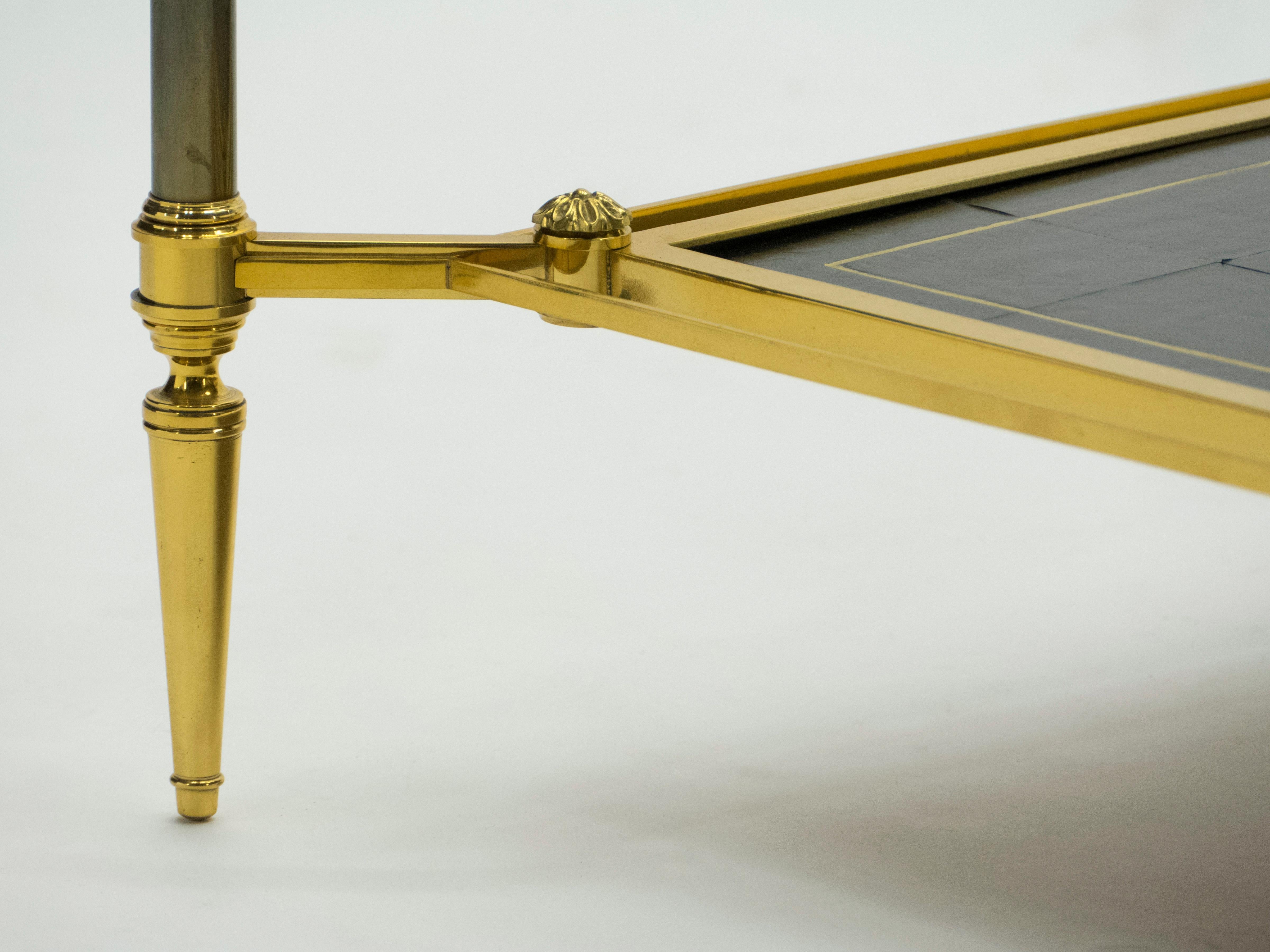 French Two-Tier Maison Jansen Brass Leather Glass Coffee Table, 1970s 2