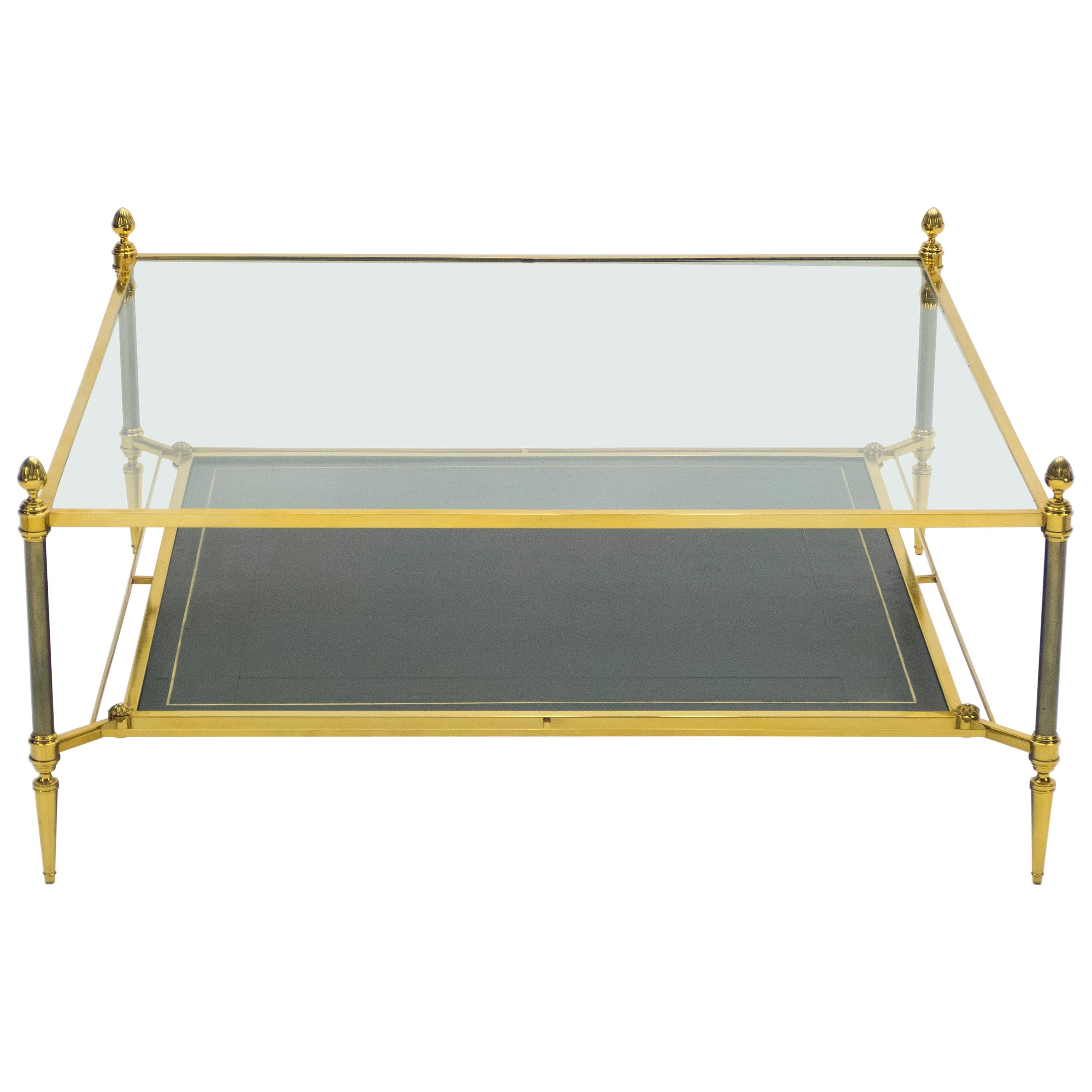 French Two-Tier Maison Jansen Brass Leather Glass Coffee Table, 1970s