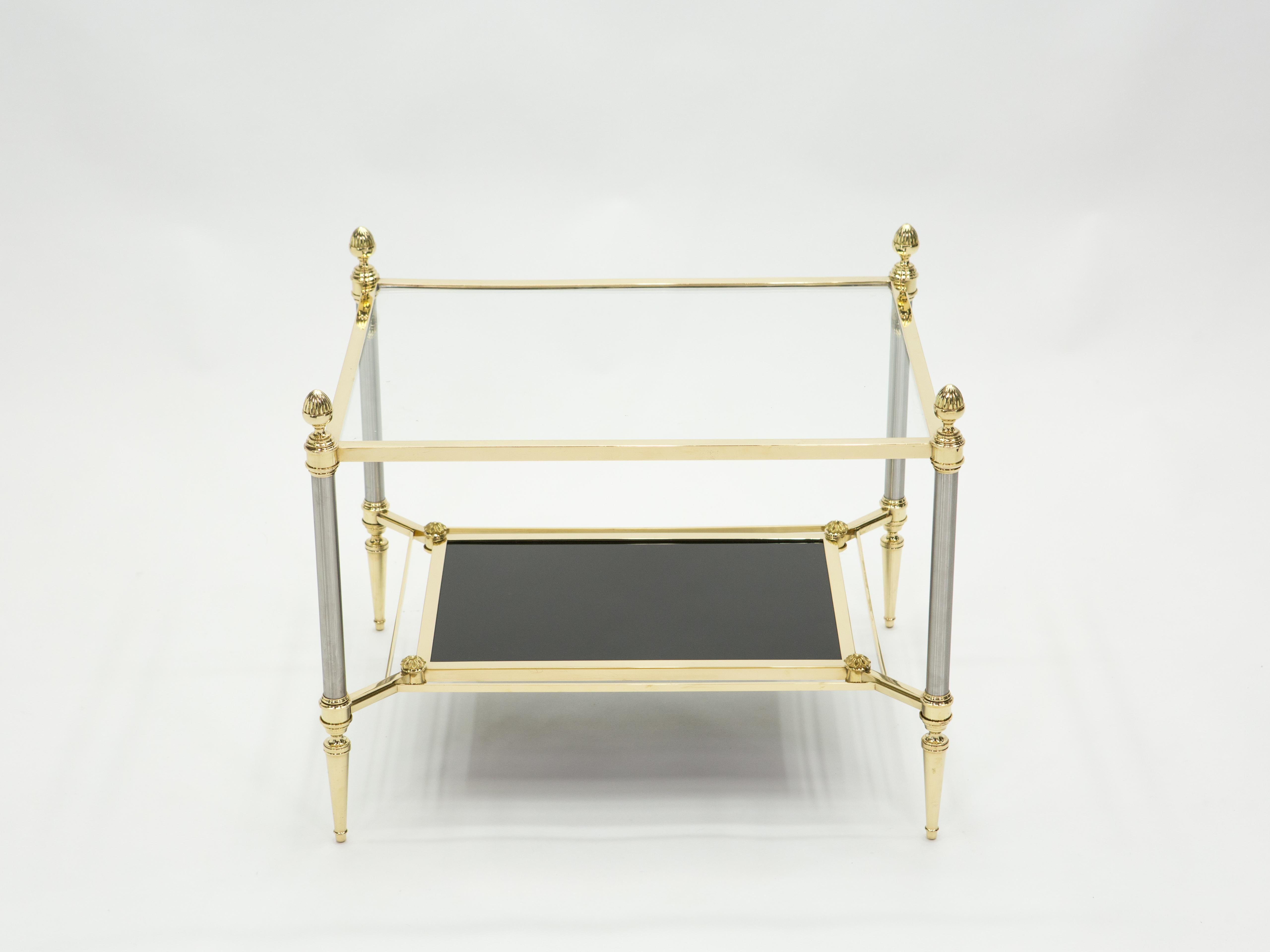 French Two-Tier Maison Jansen Brass Opaline Glass End Tables, 1970s 6