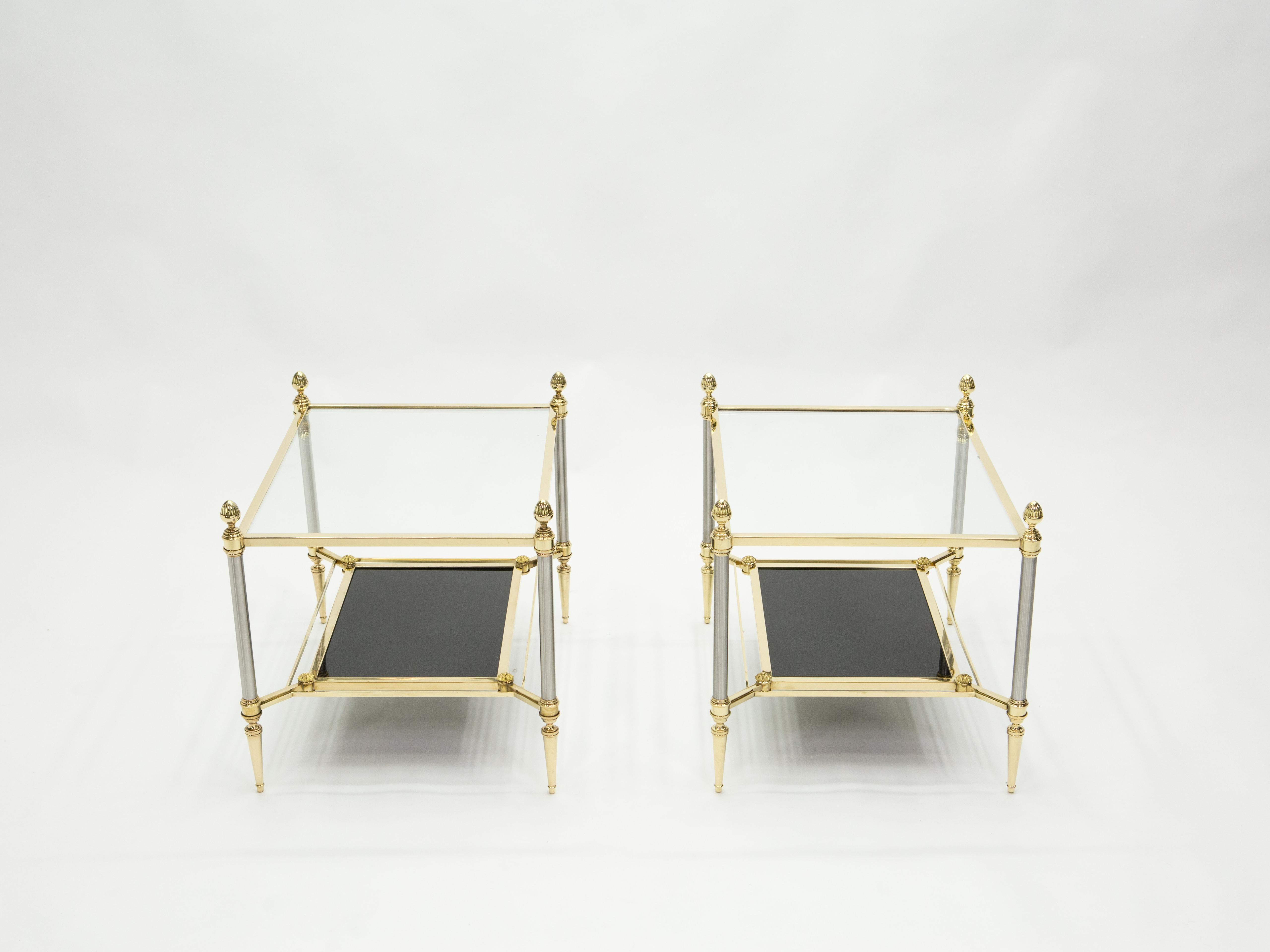French Two-Tier Maison Jansen Brass Opaline Glass End Tables, 1970s 9