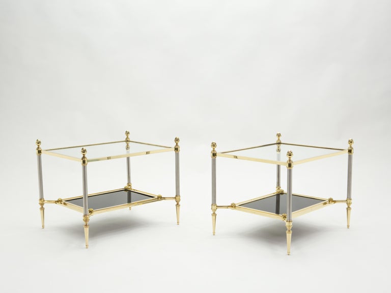 French Two-Tier Maison Jansen Brass Opaline Glass End Tables, 1970s For Sale 10