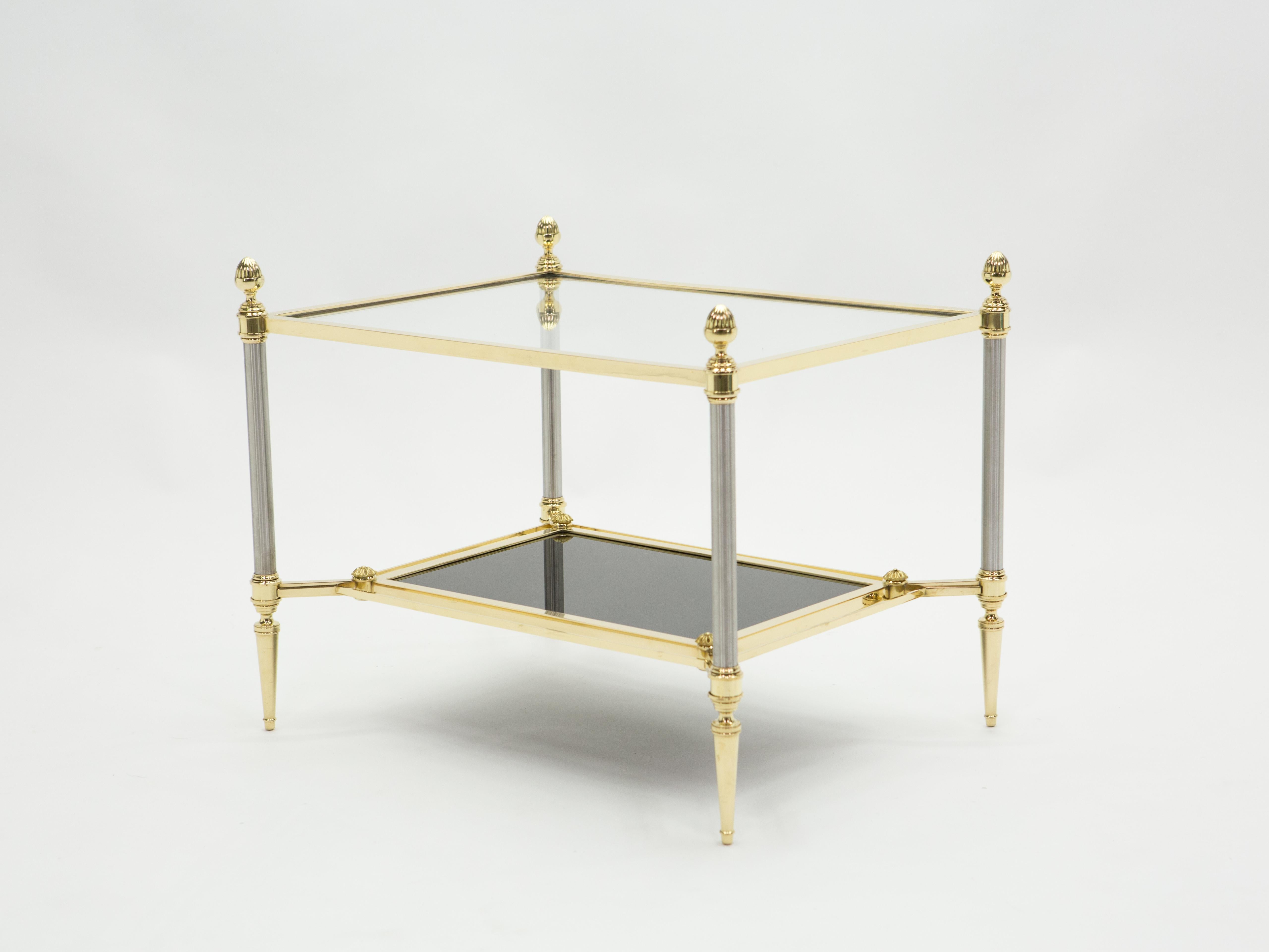 French Two-Tier Maison Jansen Brass Opaline Glass End Tables, 1970s 12