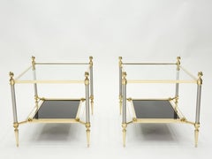 French Two-Tier Maison Jansen Brass Opaline Glass End Tables, 1970s