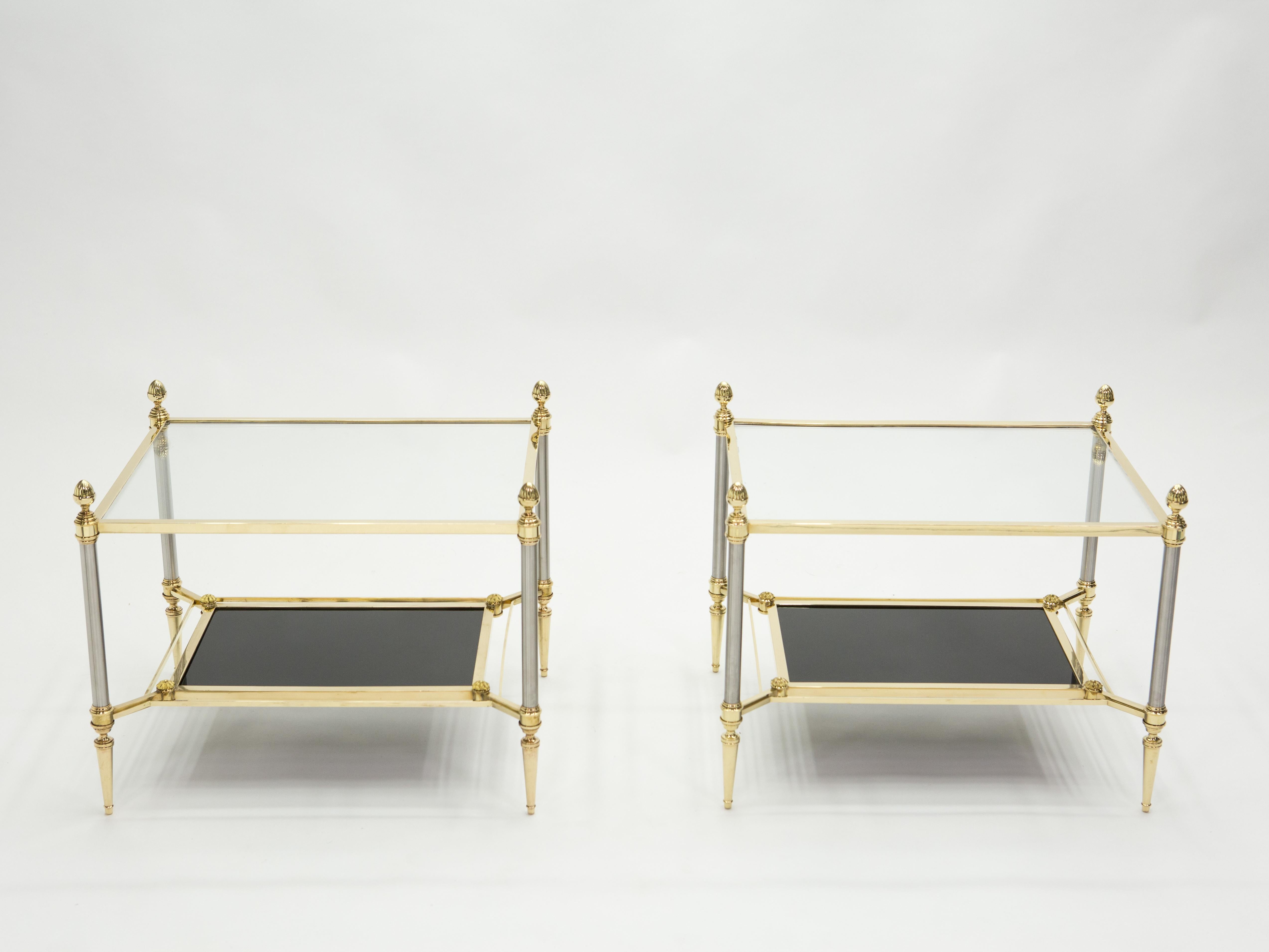 Neoclassical French Two-Tier Maison Jansen Brass Opaline Glass End Tables, 1970s