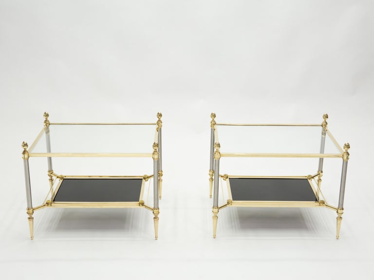 Neoclassical French Two-Tier Maison Jansen Brass Opaline Glass End Tables, 1970s For Sale