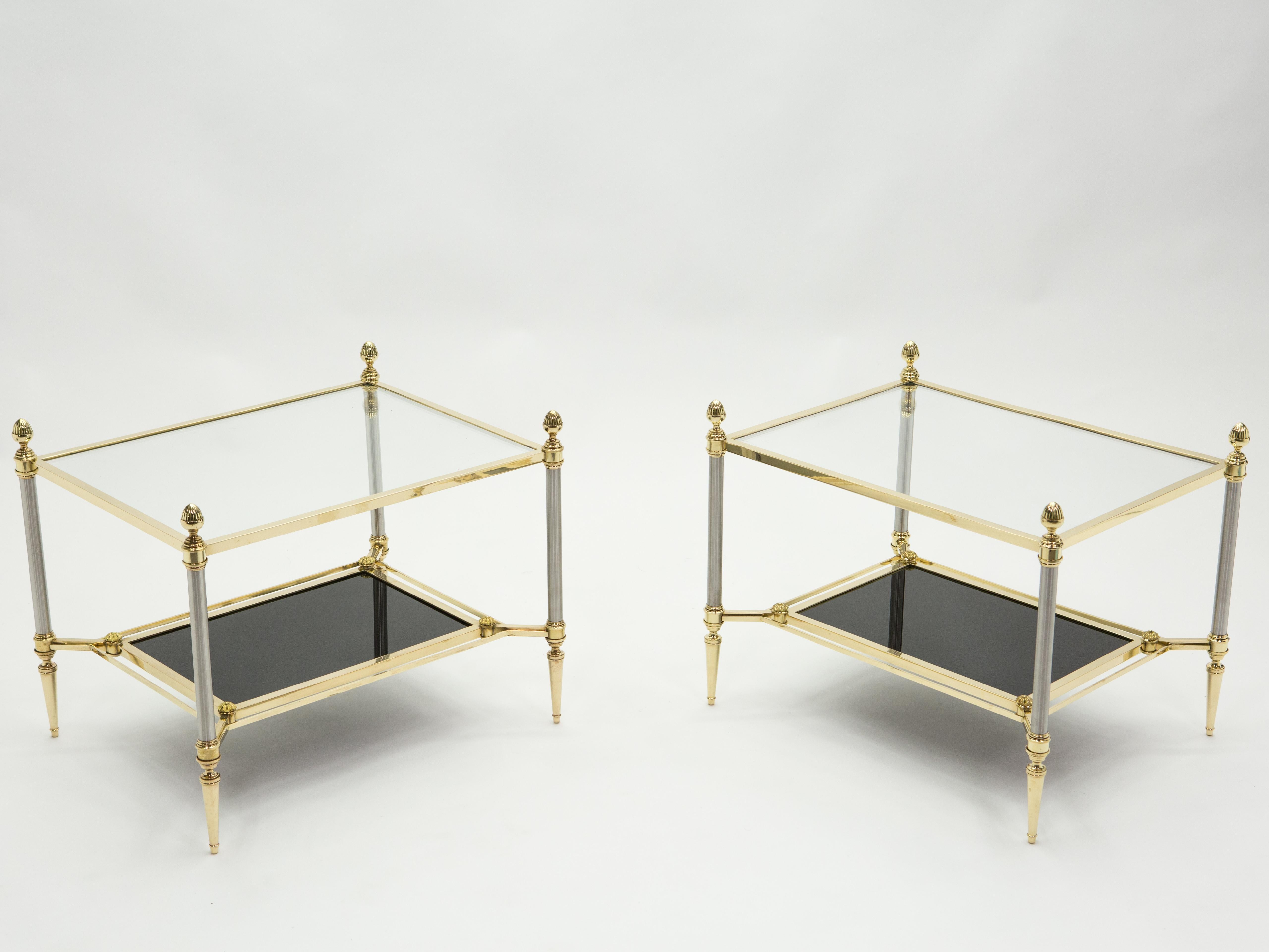 Late 20th Century French Two-Tier Maison Jansen Brass Opaline Glass End Tables, 1970s