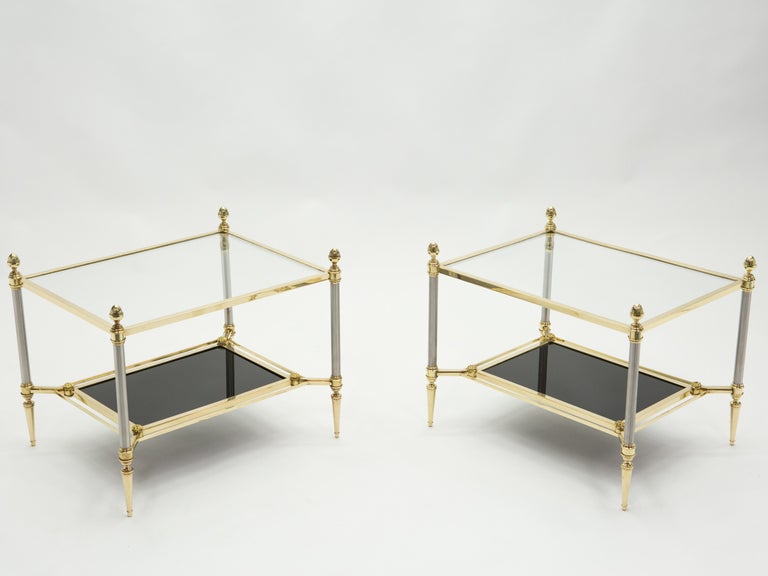 Late 20th Century French Two-Tier Maison Jansen Brass Opaline Glass End Tables, 1970s For Sale
