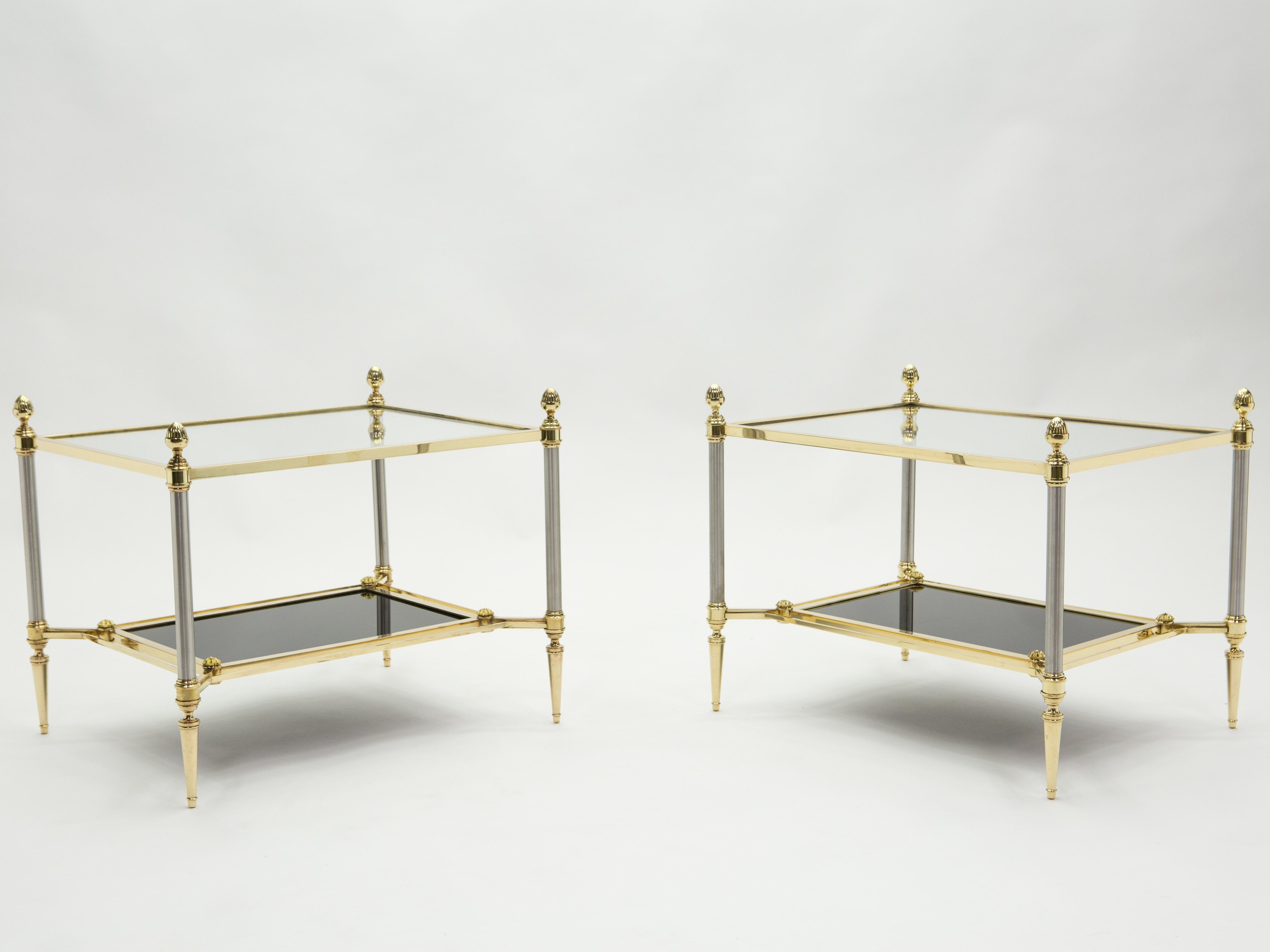French Two-Tier Maison Jansen Brass Opaline Glass End Tables, 1970s 1