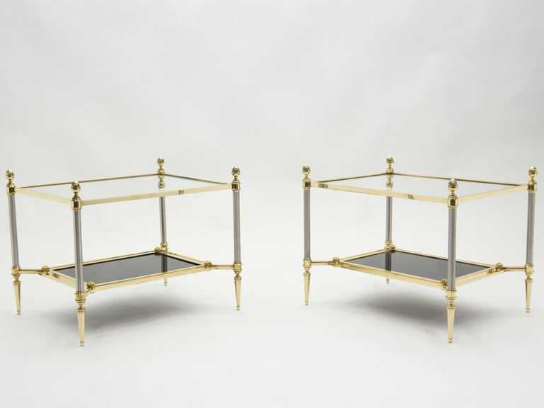 French Two-Tier Maison Jansen Brass Opaline Glass End Tables, 1970s For Sale 1
