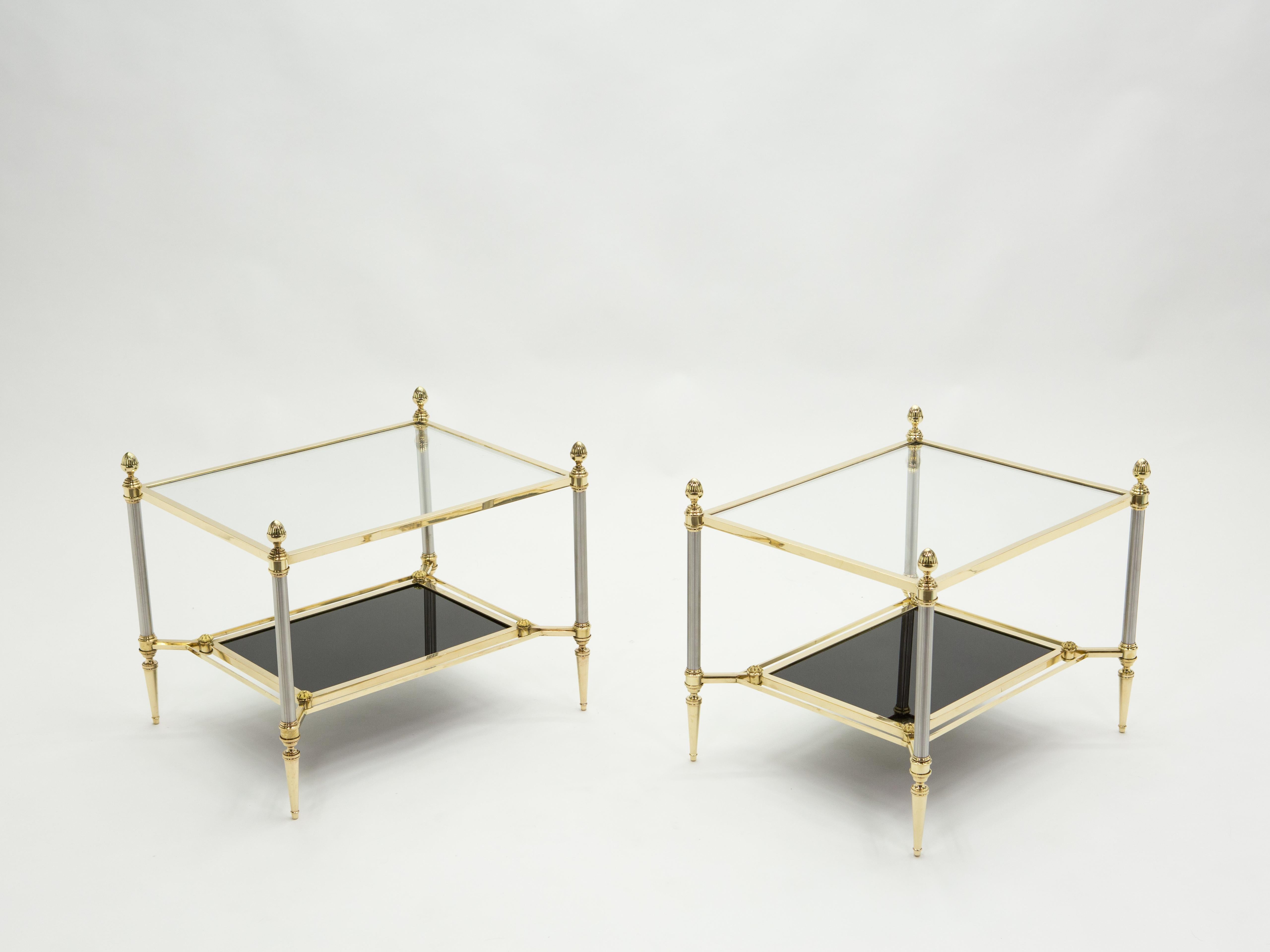 French Two-Tier Maison Jansen Brass Opaline Glass End Tables, 1970s 2