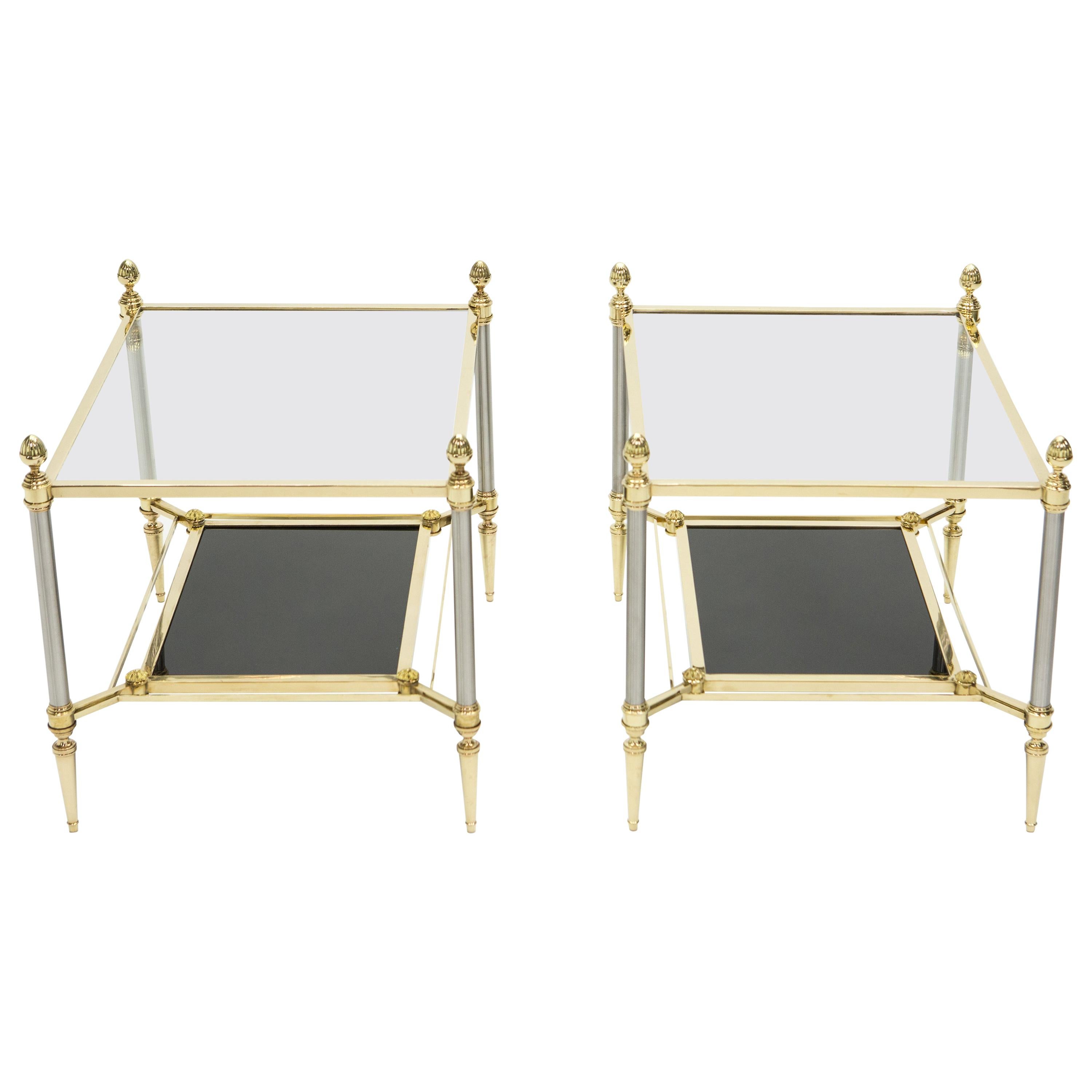 French Two-Tier Maison Jansen Brass Opaline Glass End Tables, 1970s