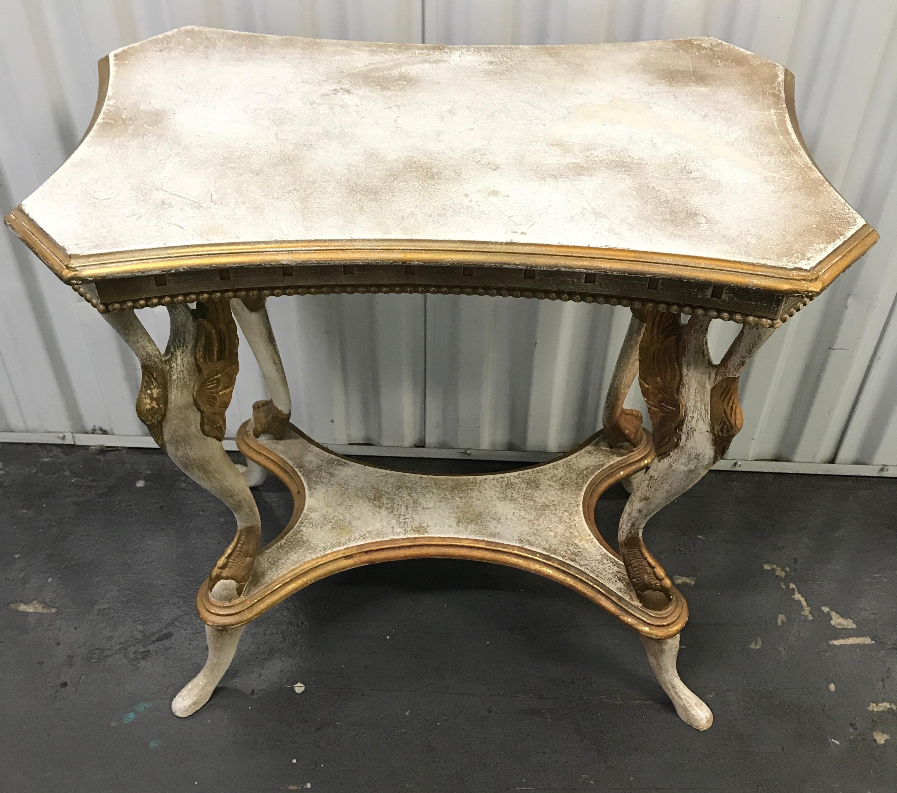 Painted French two-tiered painted swan side or drinks table.