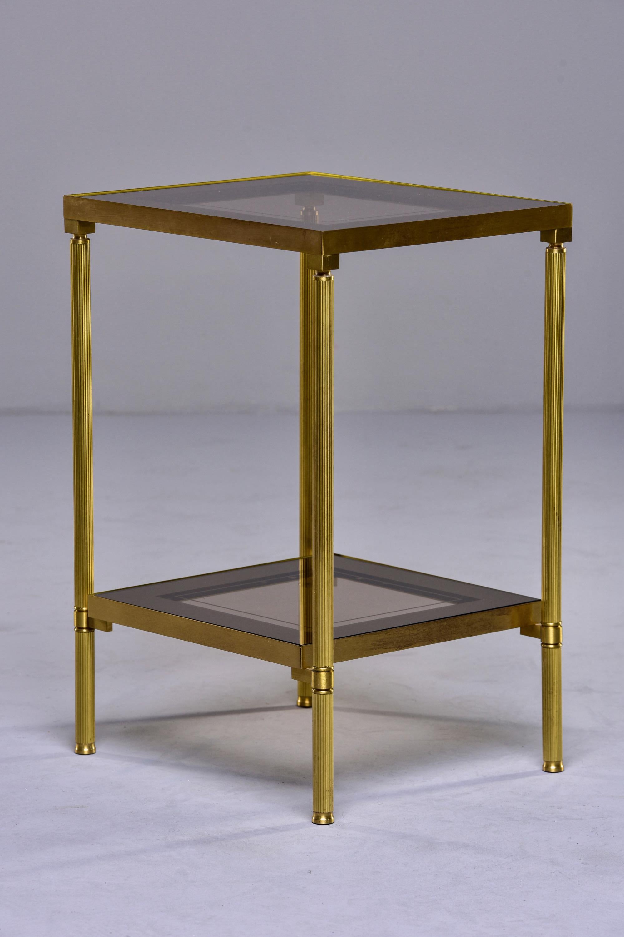 French Two Tier Side Table with Brass Frame and Glass Tops with Mirrored Borders In Good Condition In Troy, MI