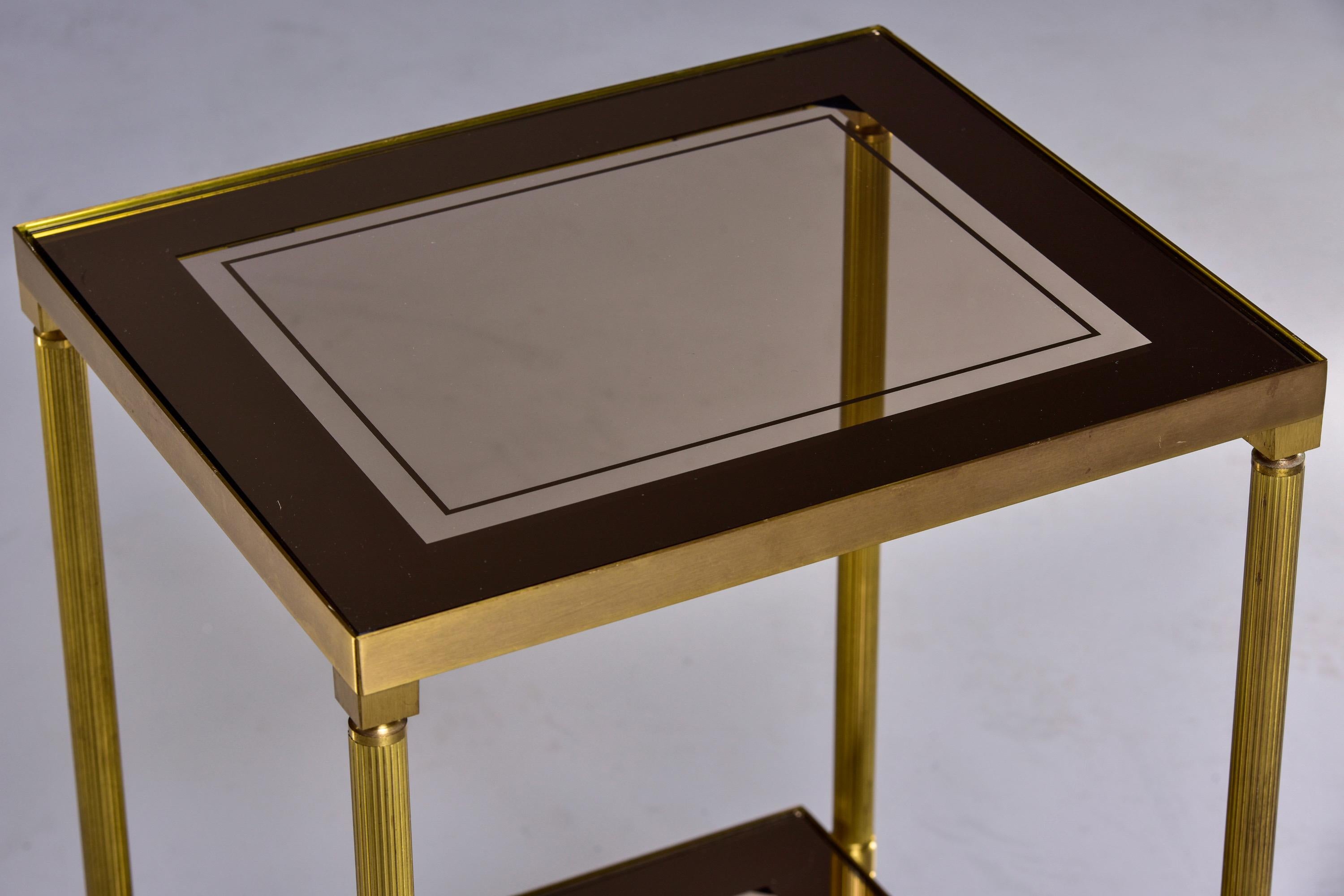French Two Tier Side Table with Brass Frame and Glass Tops with Mirrored Borders 4