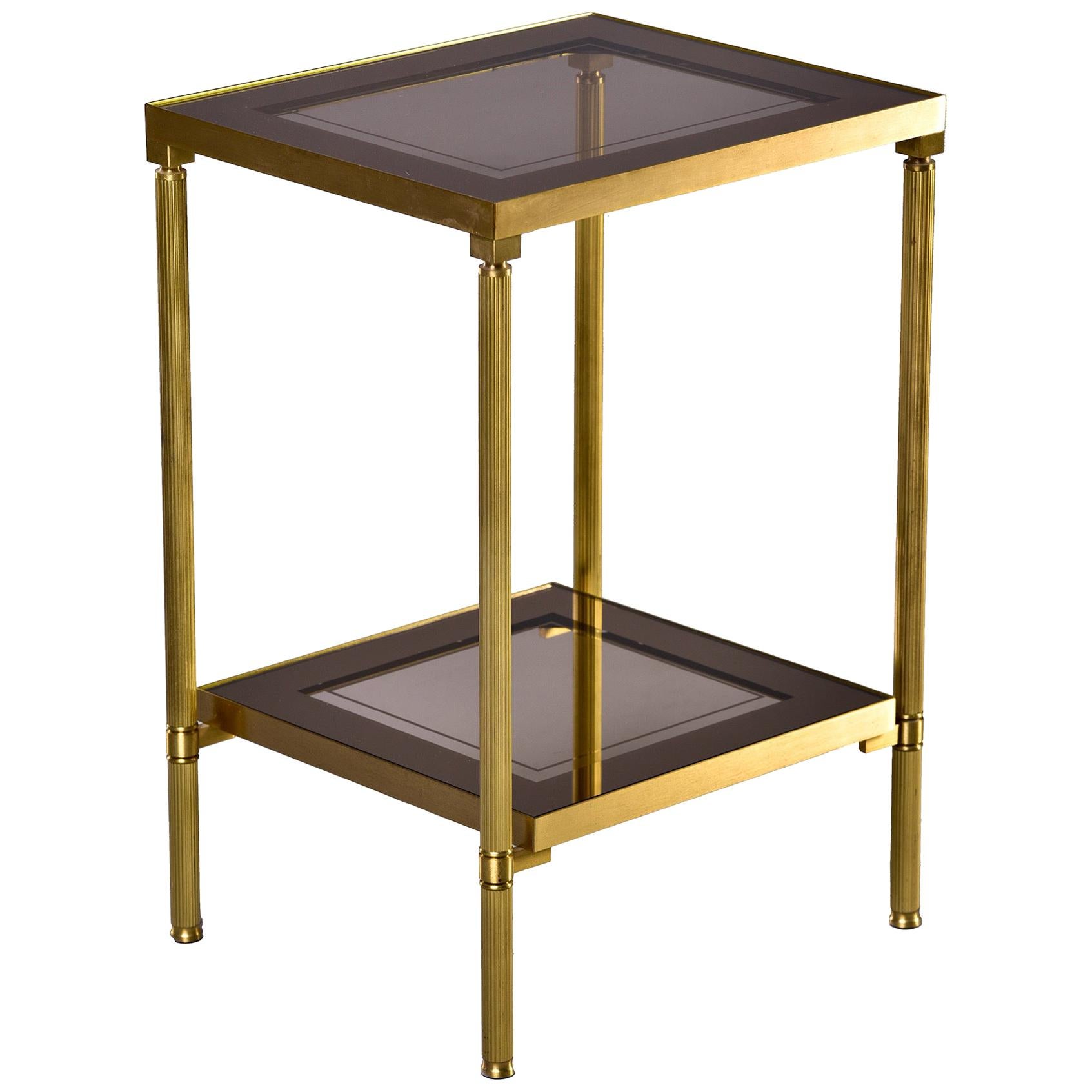 French Two Tier Side Table with Brass Frame and Glass Tops with Mirrored Borders