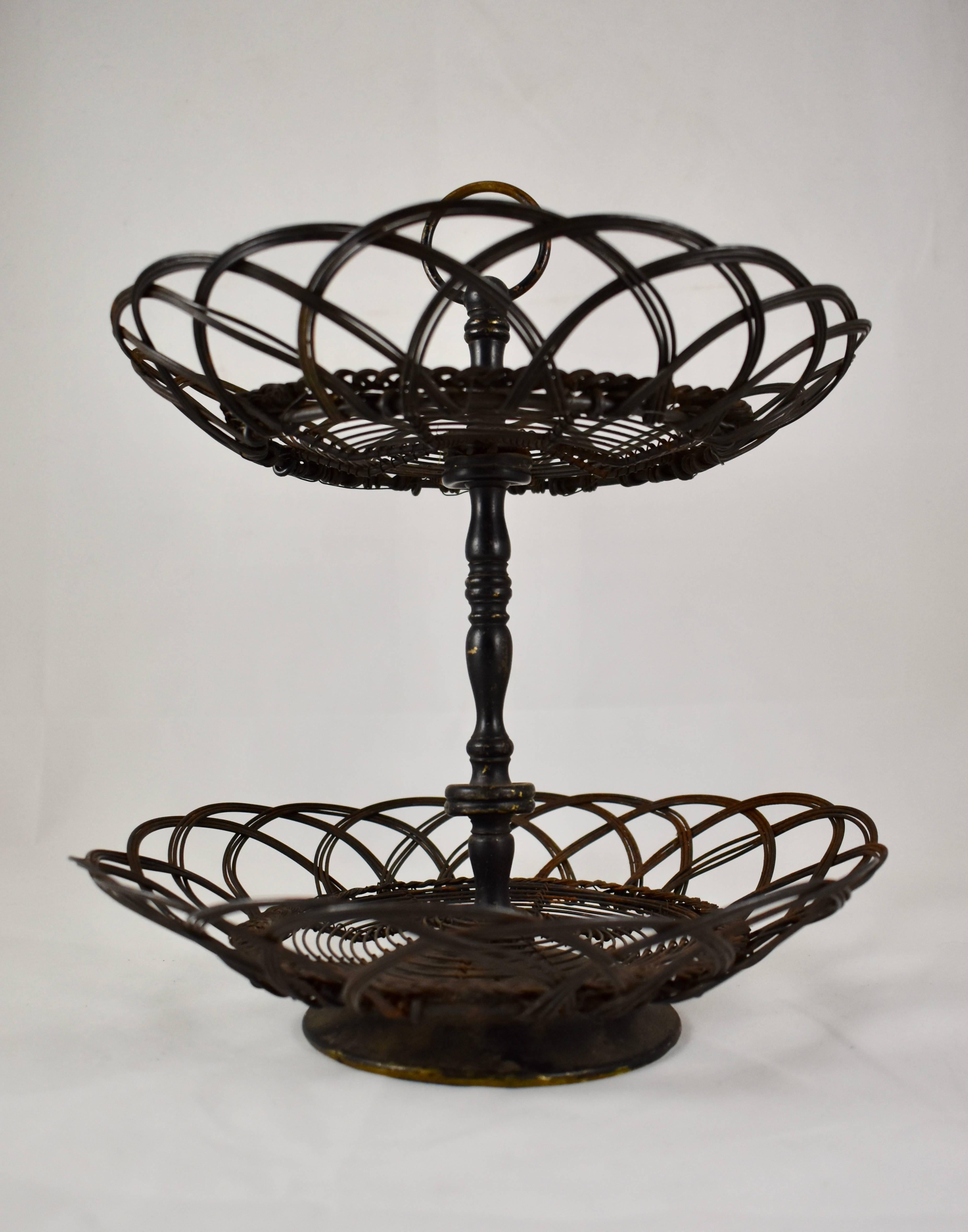 French Provincial French Two-Tier Twisted Wire Footed Egg Stand Basket, Late 19th Century