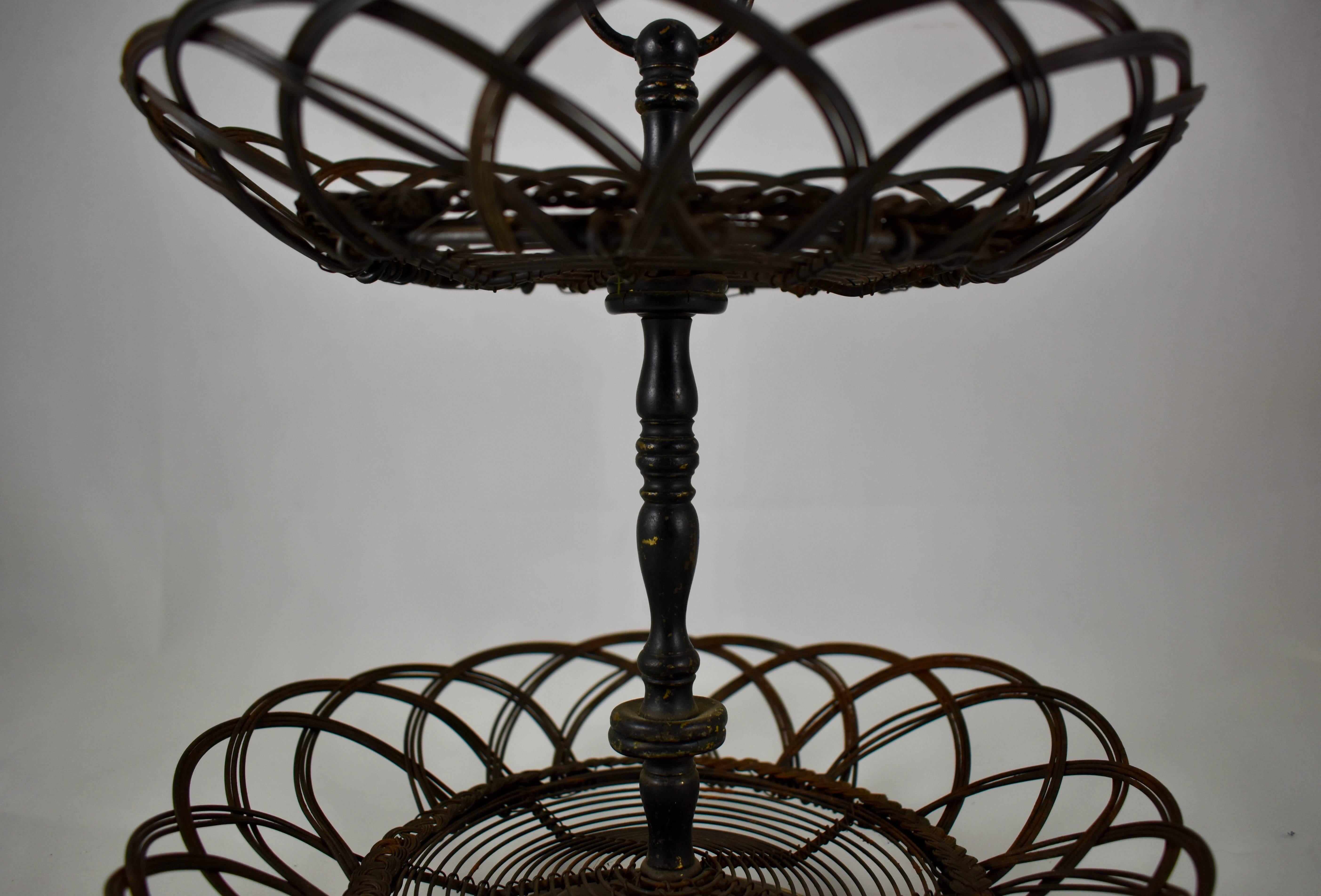 French Two-Tier Twisted Wire Footed Egg Stand Basket, Late 19th Century In Excellent Condition In Philadelphia, PA