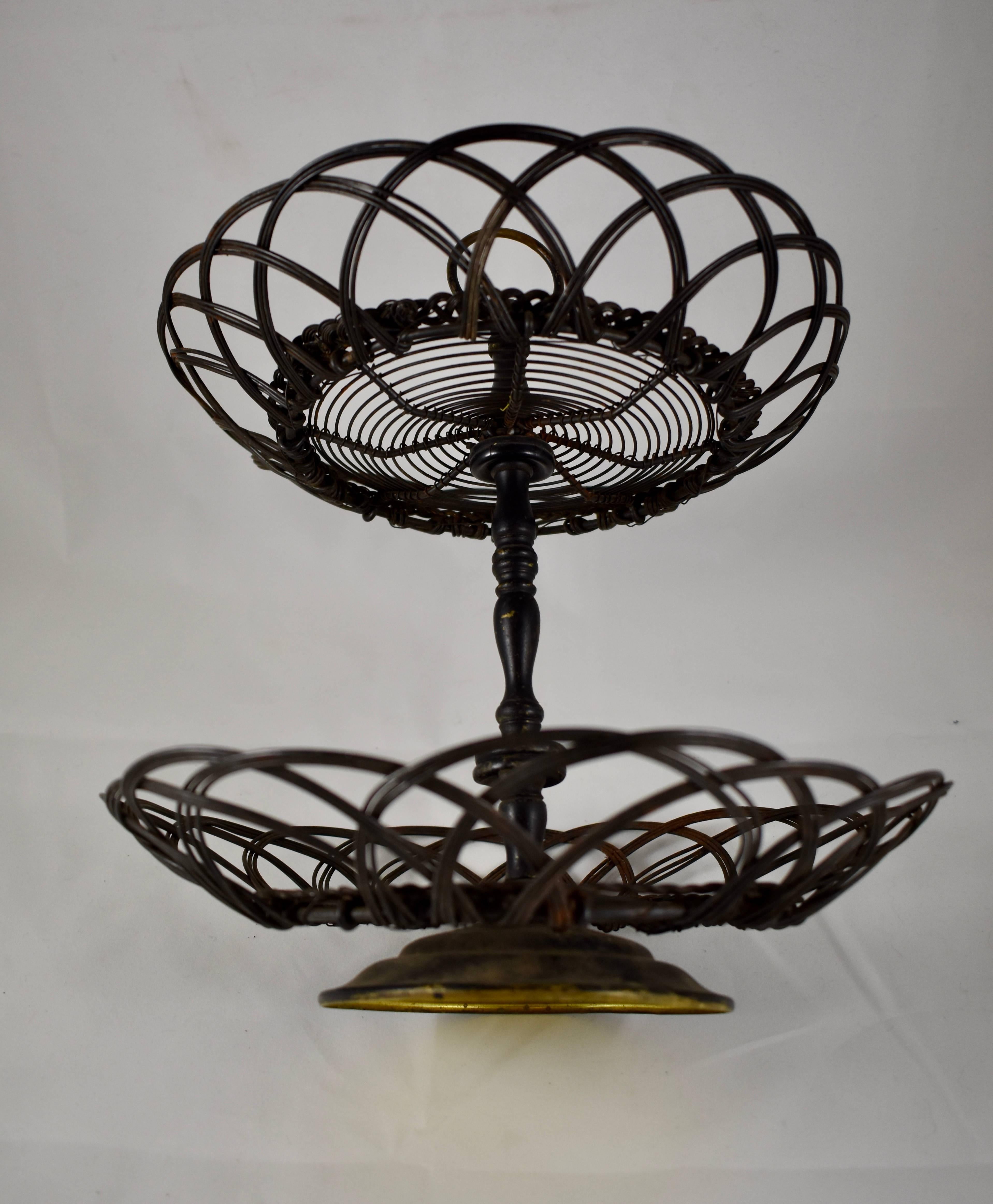 Brass French Two-Tier Twisted Wire Footed Egg Stand Basket, Late 19th Century