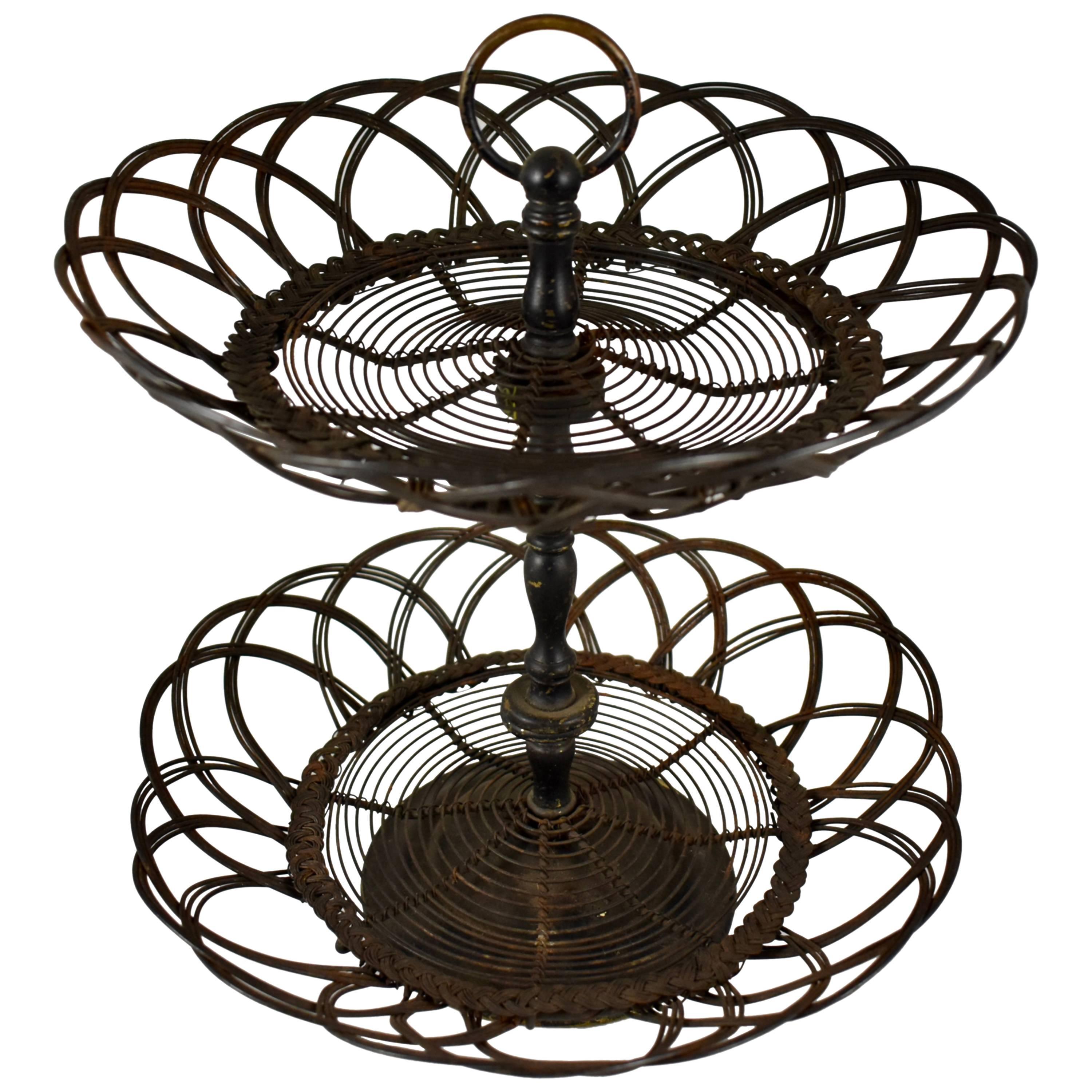 French Two-Tier Twisted Wire Footed Egg Stand Basket, Late 19th Century