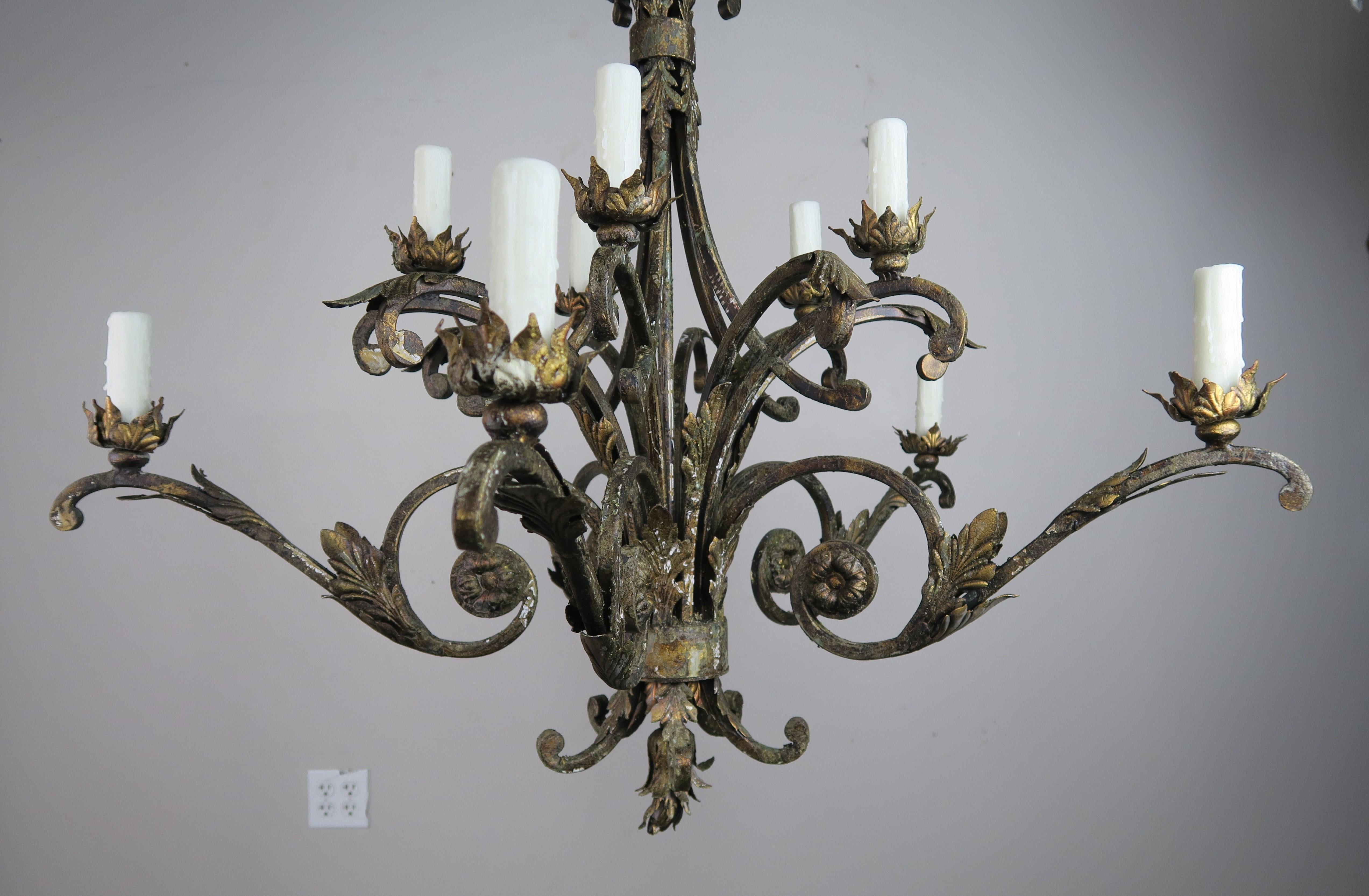 French Two-Tier Wrought Iron Light Chandelier In Distressed Condition In Los Angeles, CA