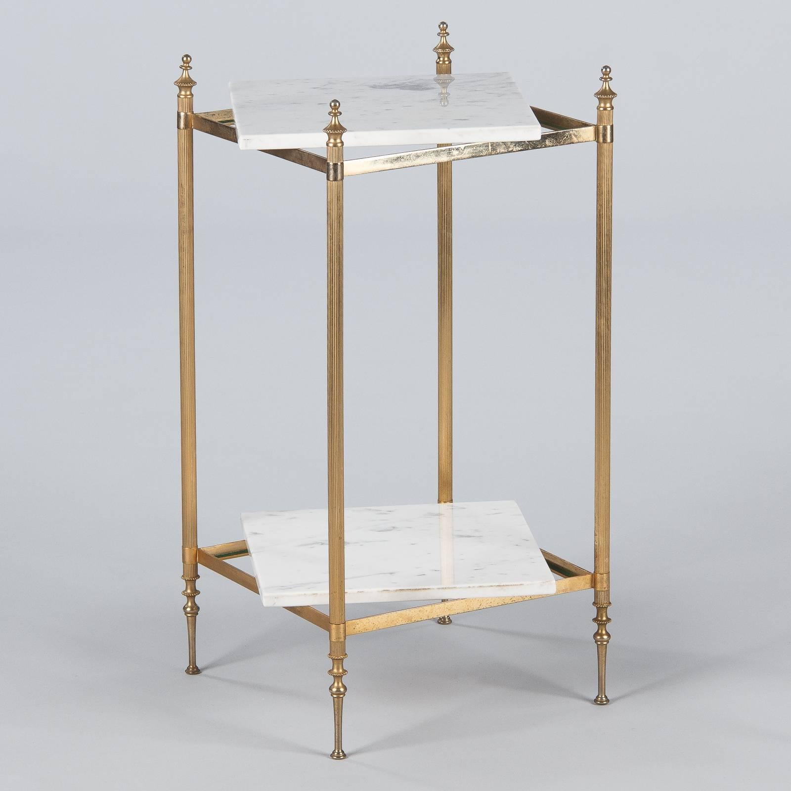 Mid-Century Modern French Two-Tiered Brass Side Table with Marble Tops, 1960s