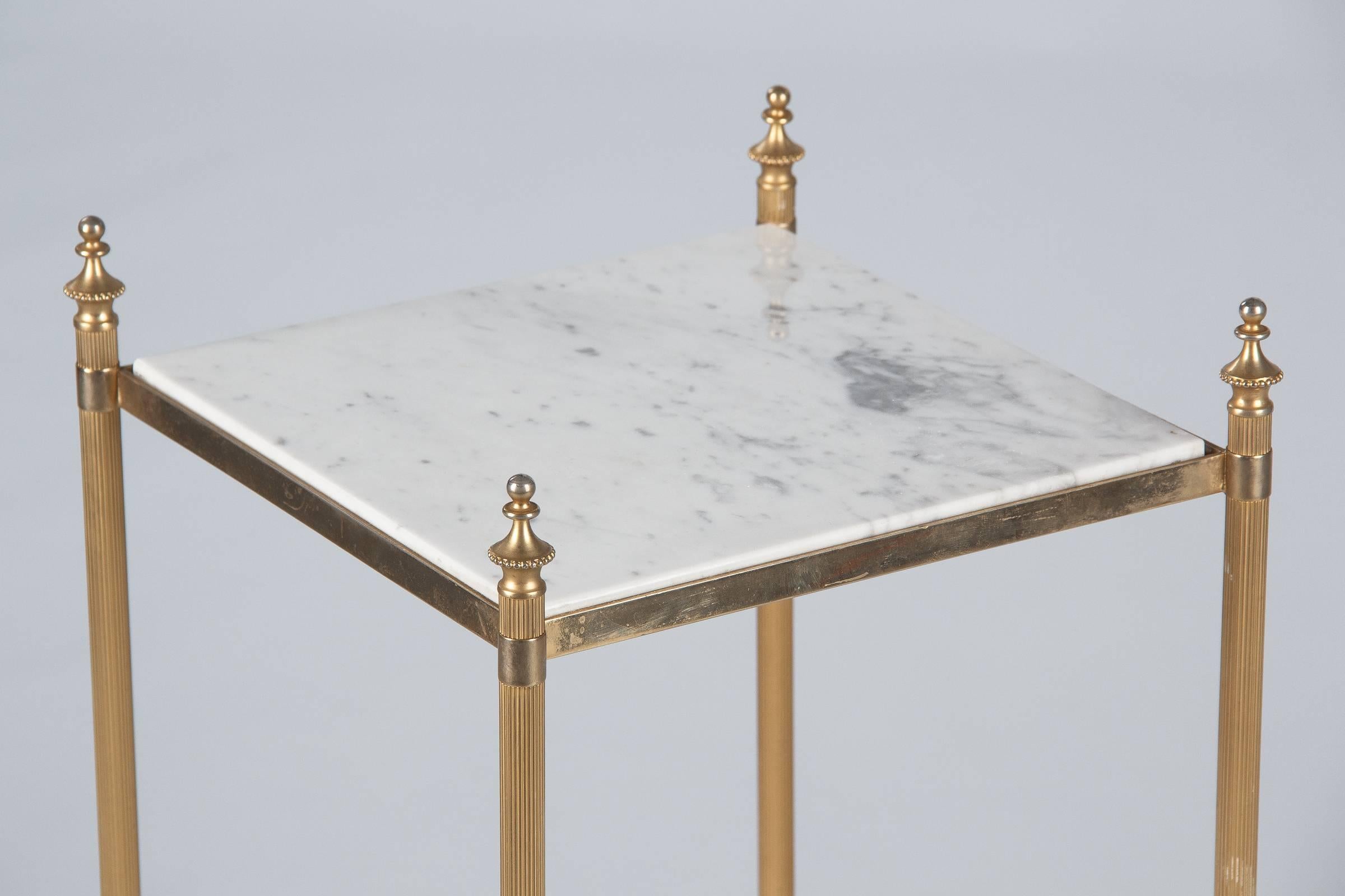 Mid-20th Century French Two-Tiered Brass Side Table with Marble Tops, 1960s