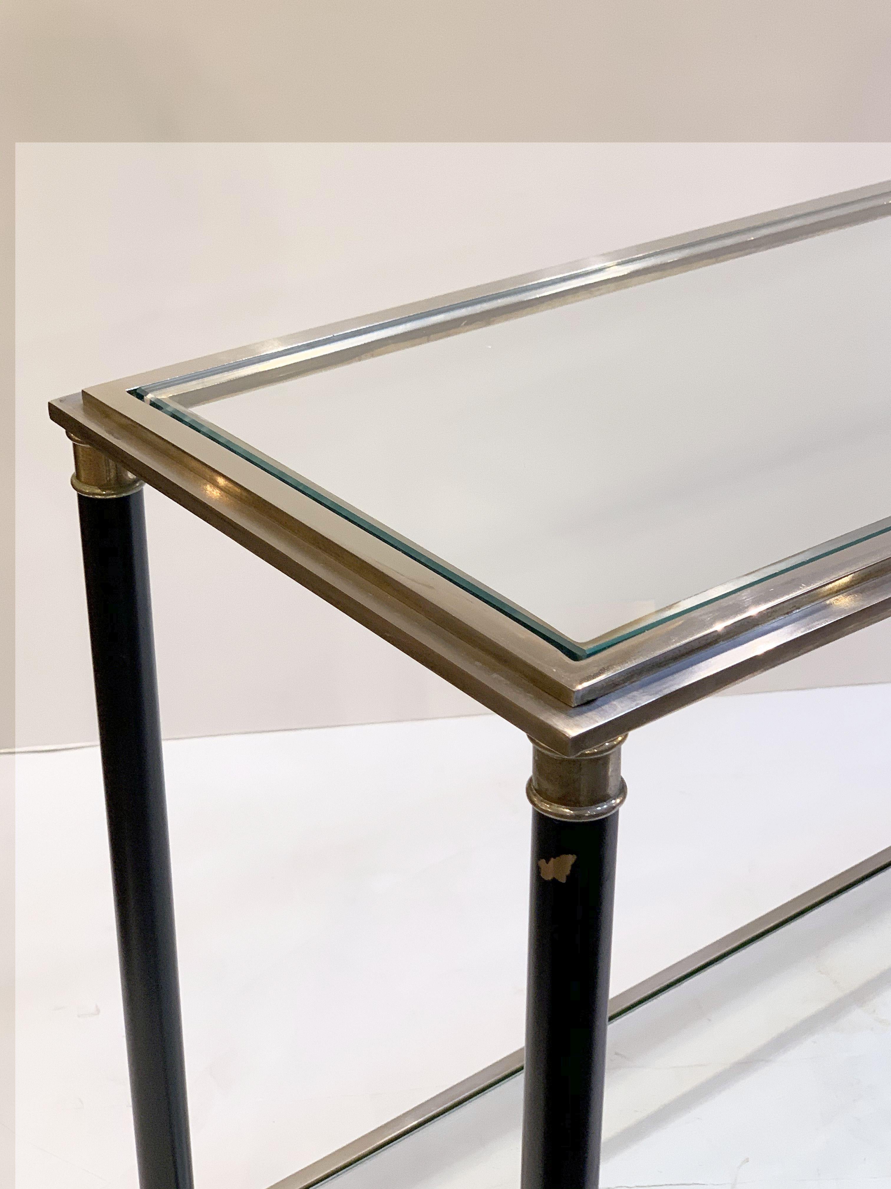 French Two-Tiered Console Table of Nickel, Brass, and Glass 5