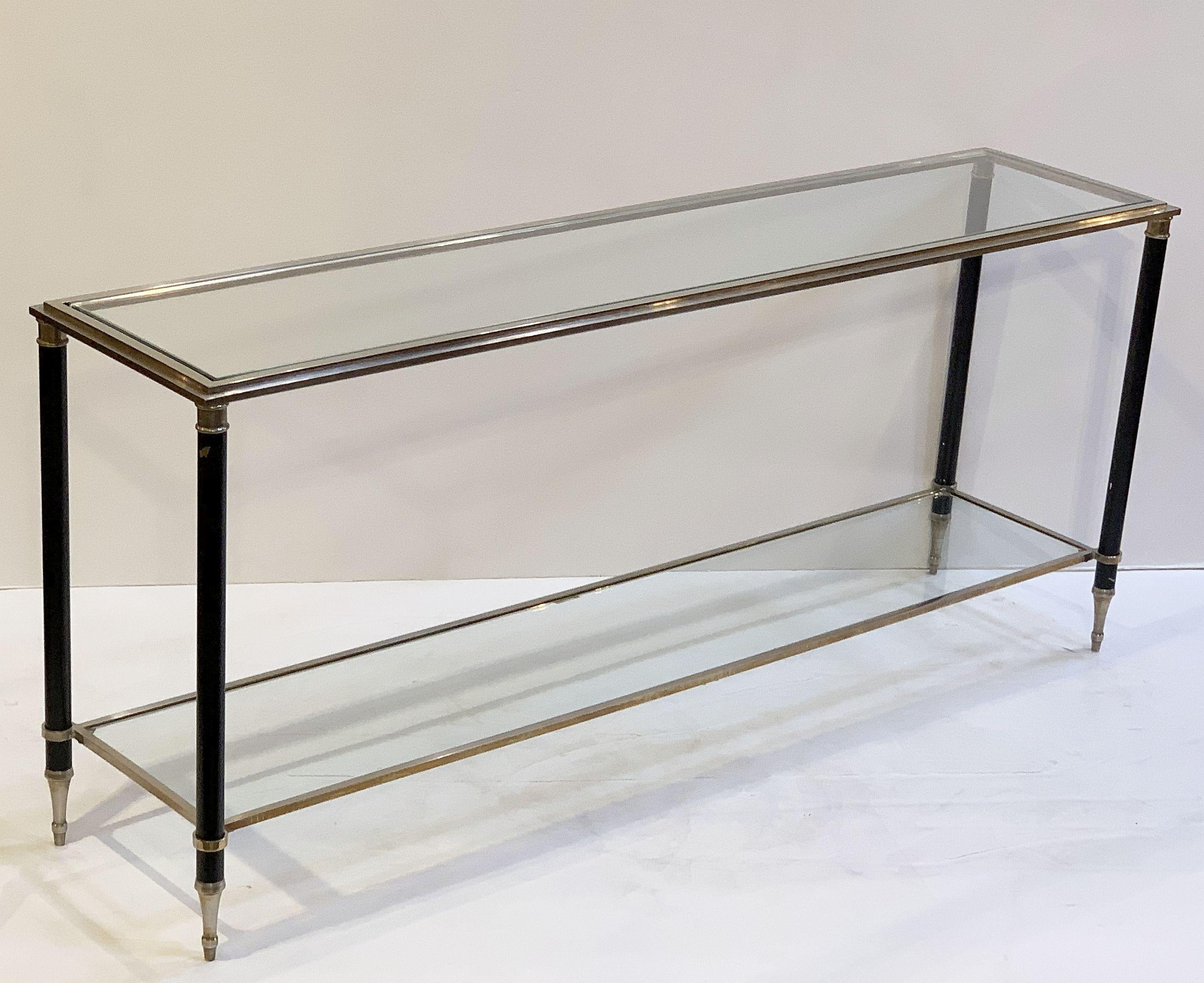 Modern French Two-Tiered Console Table of Nickel, Brass, and Glass