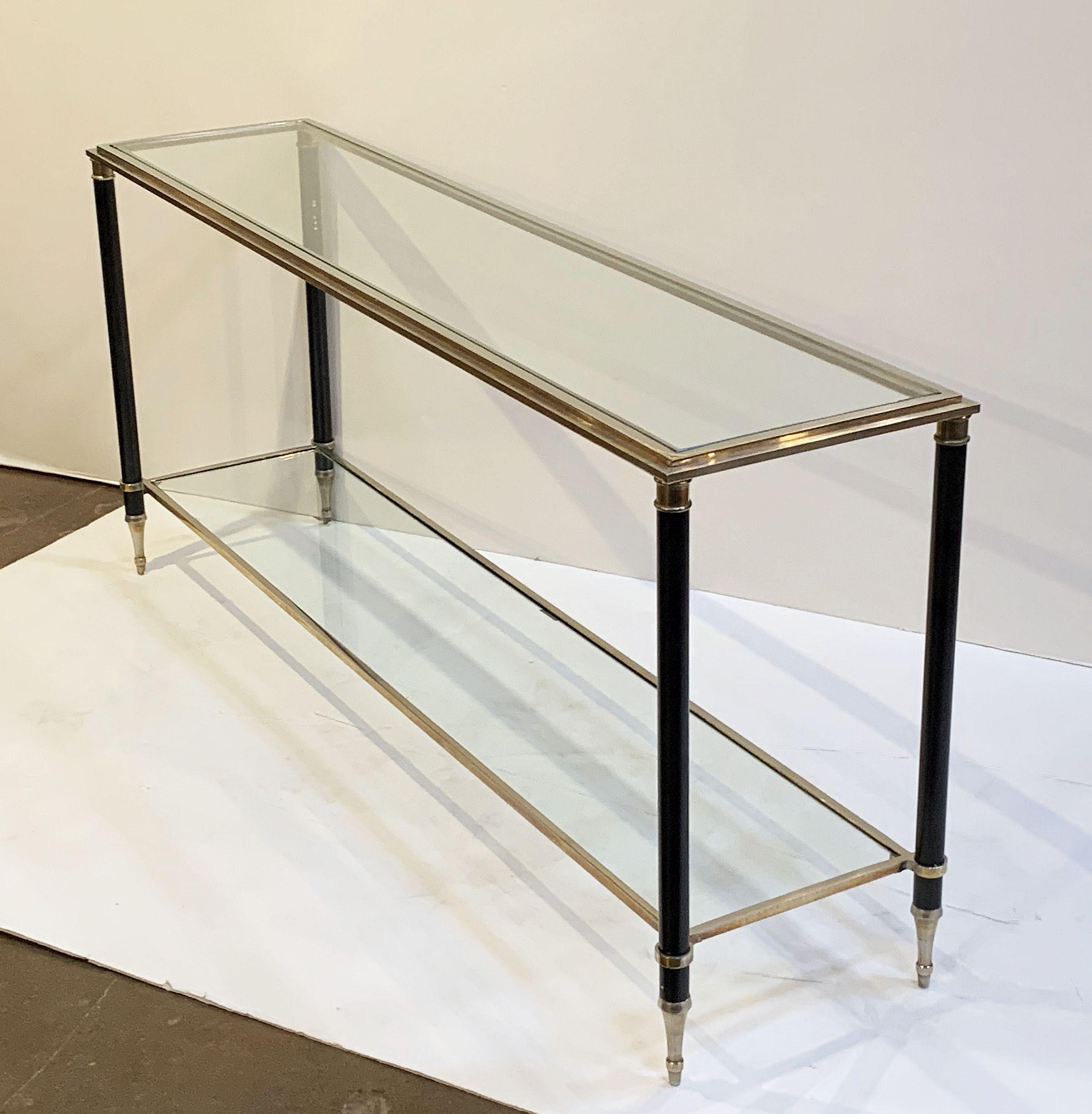Enameled French Two-Tiered Console Table of Nickel, Brass, and Glass