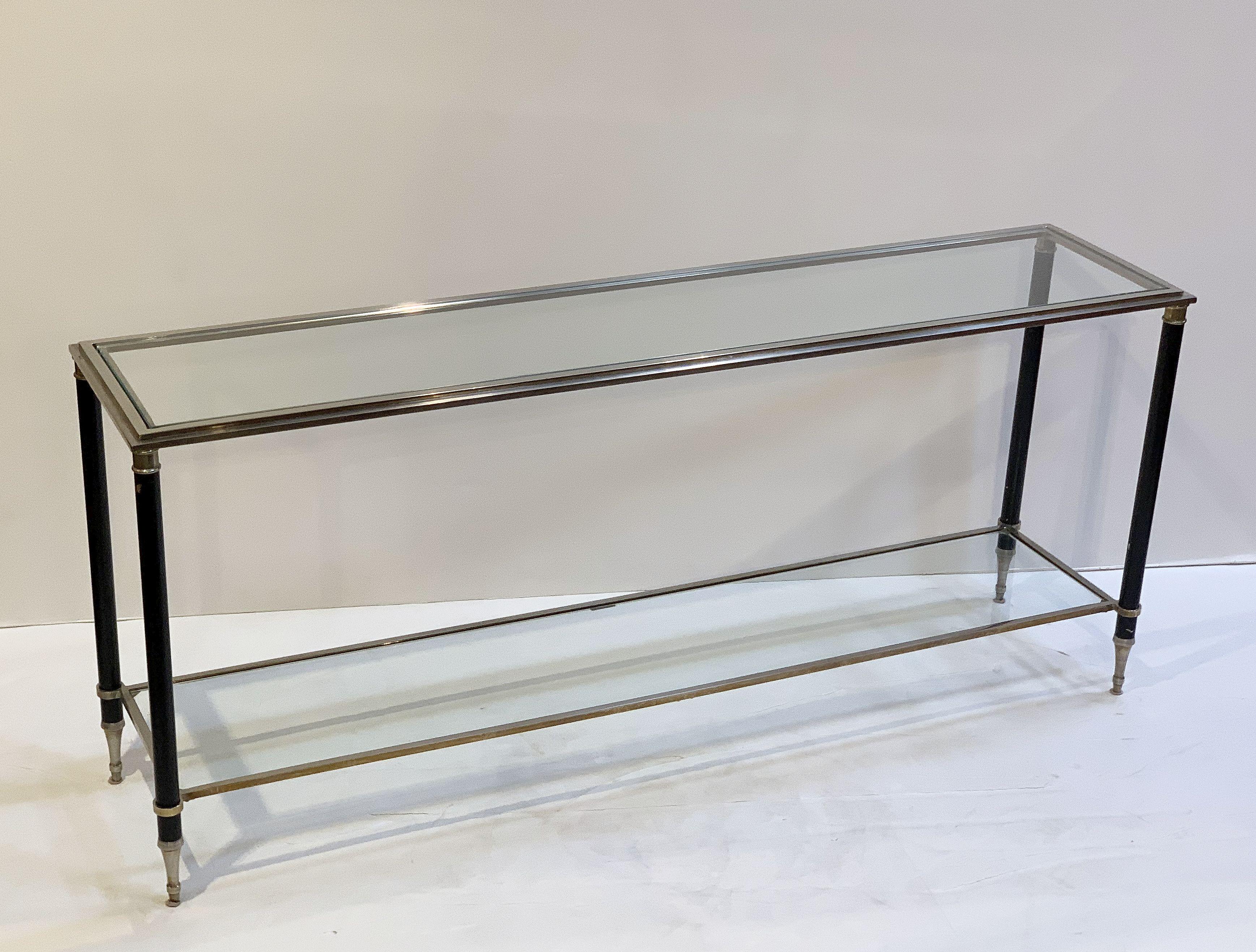 French Two-Tiered Console Table of Nickel, Brass, and Glass In Good Condition In Austin, TX