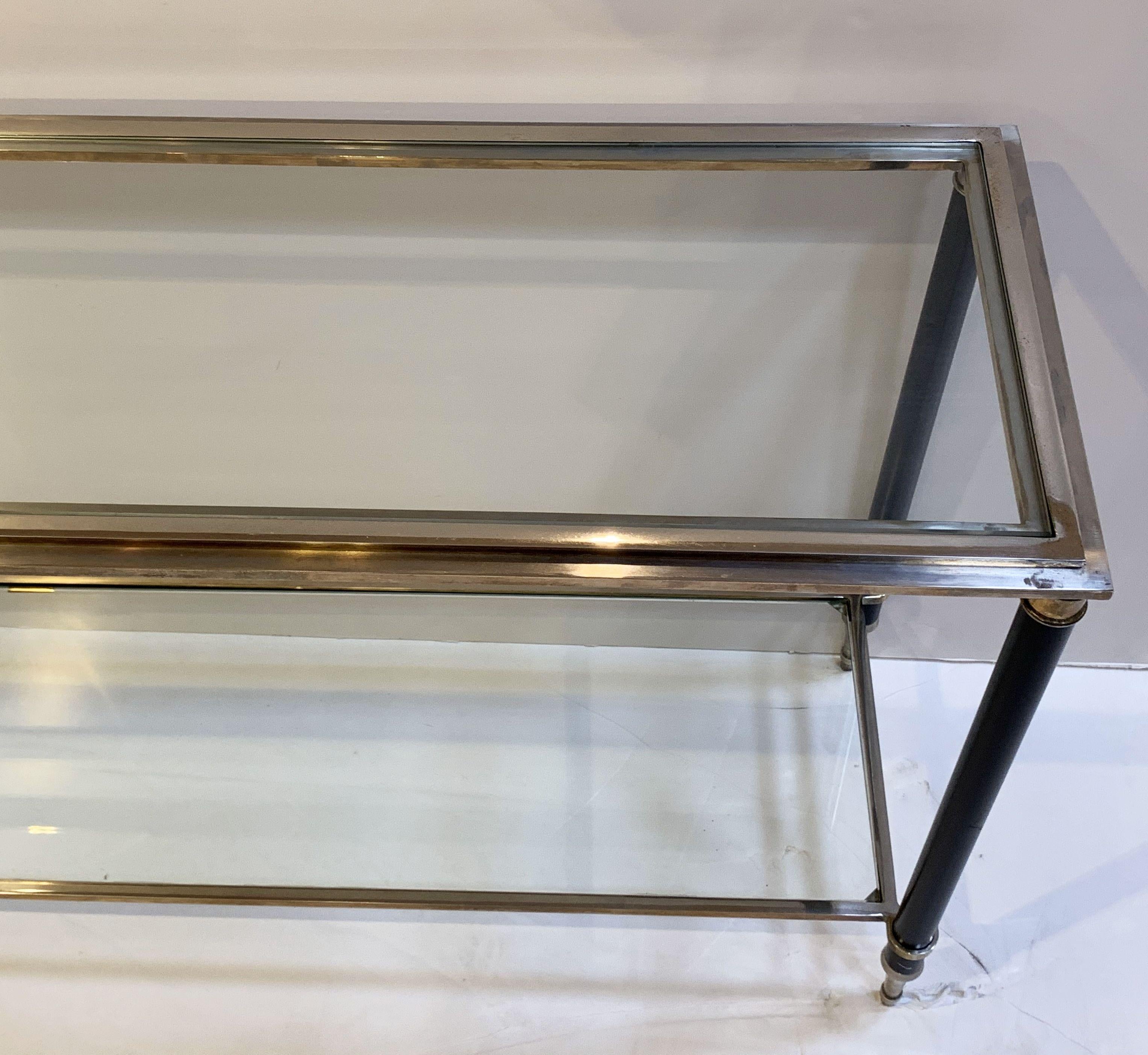 French Two-Tiered Console Table of Nickel, Brass, and Glass 3