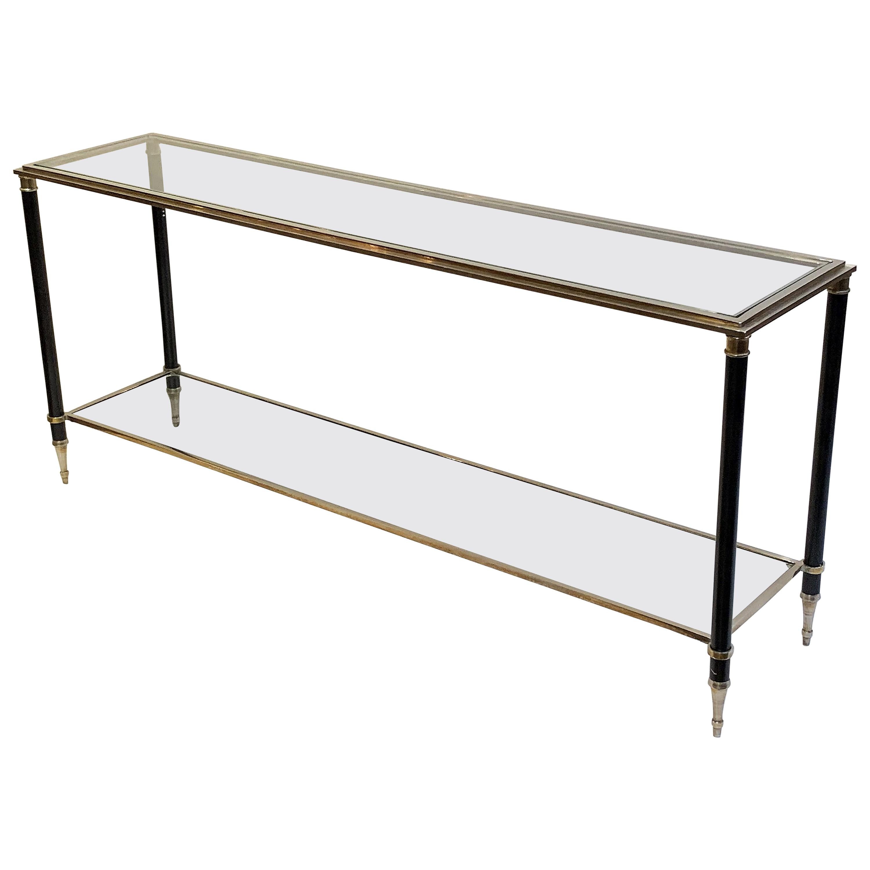 French Two-Tiered Console Table of Nickel, Brass, and Glass