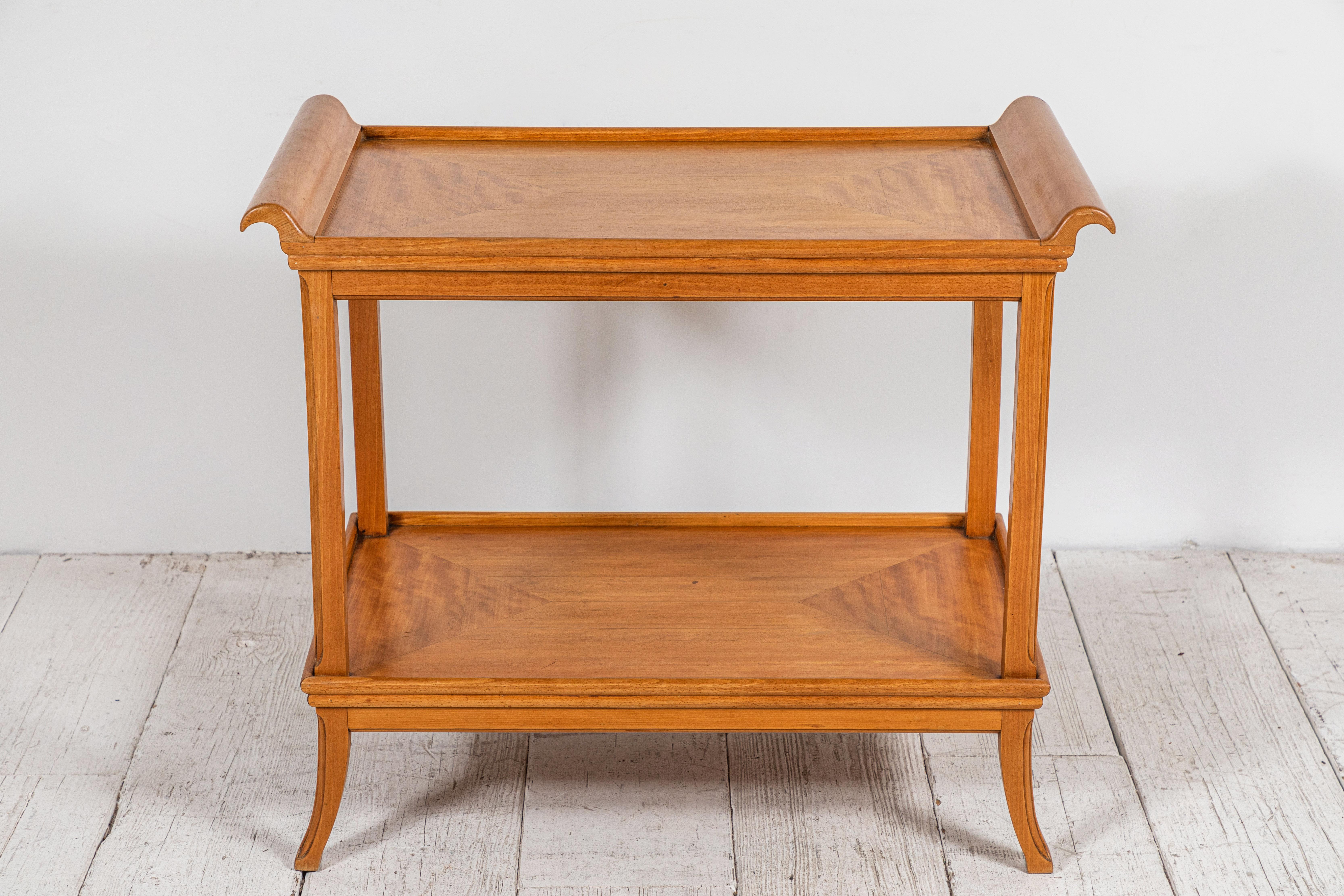 French Deco blonde wood two-tired tray table with beautiful tonal marquetry.