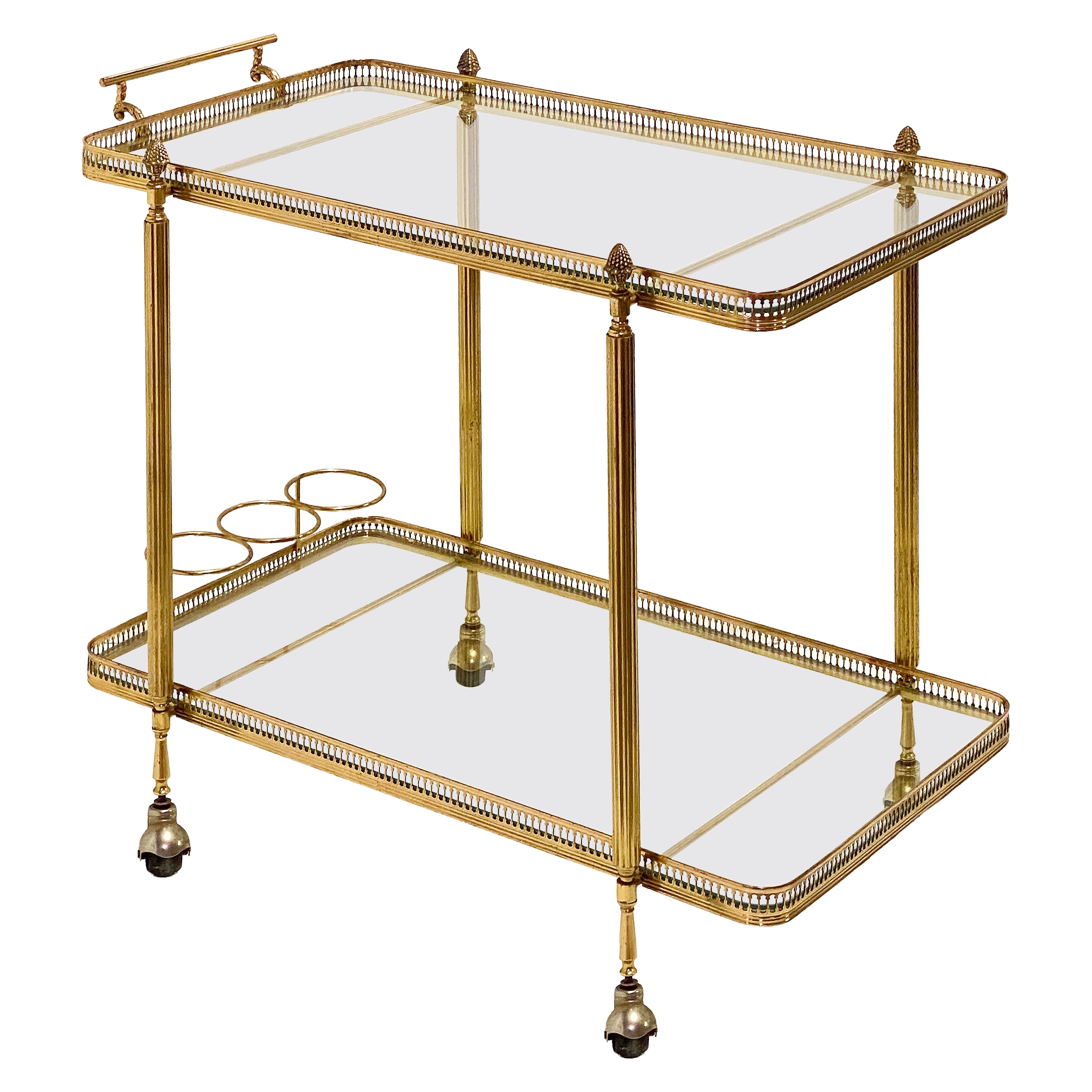 French Two-Tiered Rolling Drinks Cart of Brass and Glass