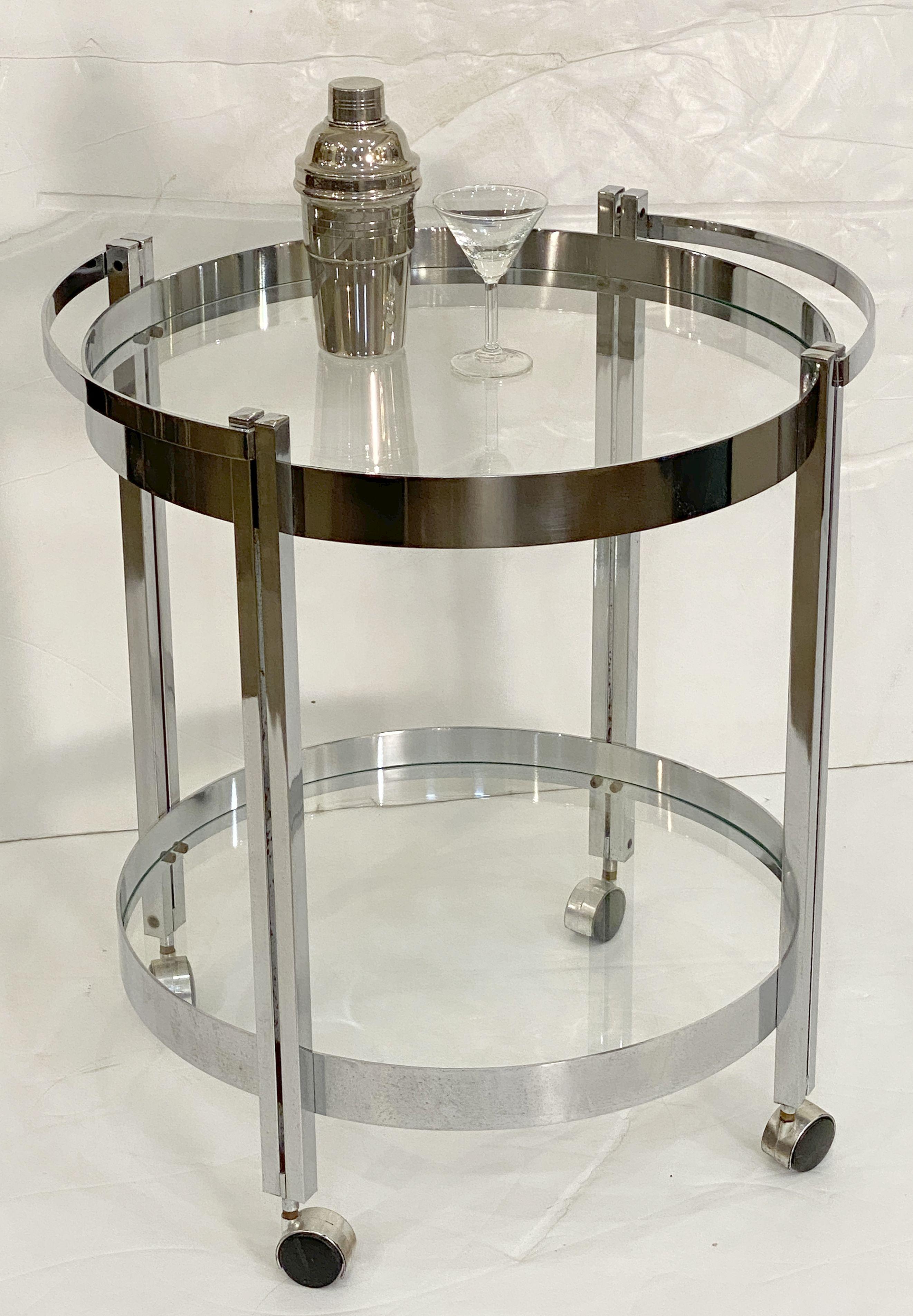 Modern French Two-Tiered Round Drinks Table of Chrome and Glass on Rolling Casters For Sale
