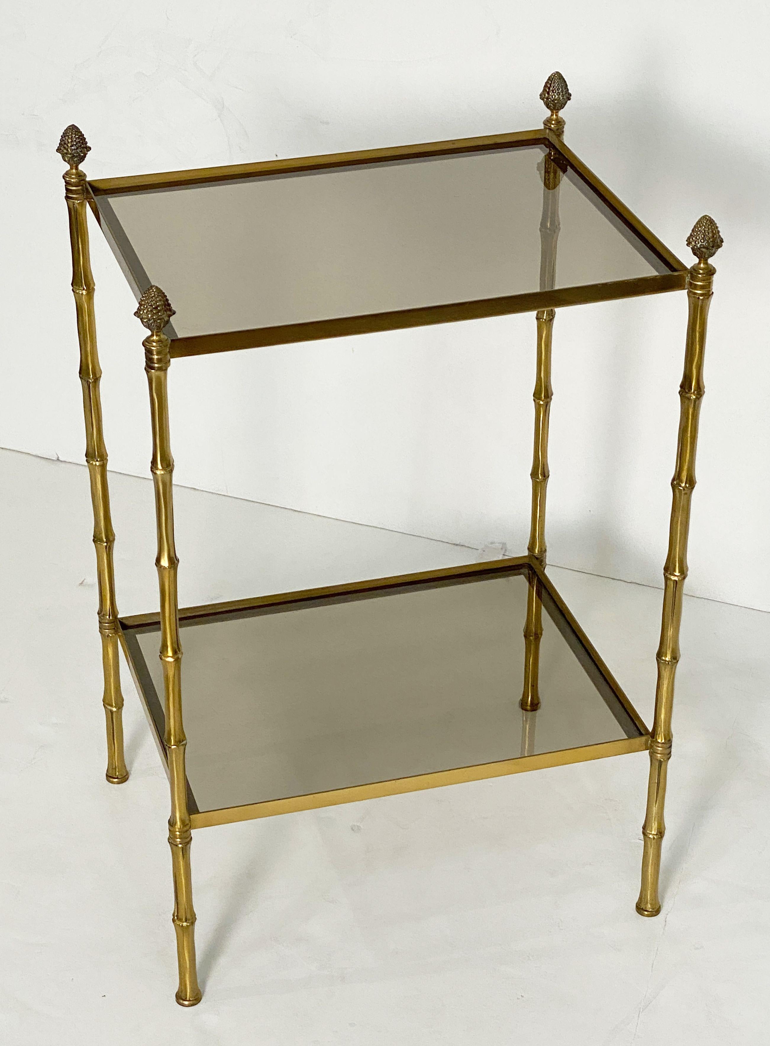 French Two-Tiered Side or End Table of Brass and Smoked Glass For Sale 4
