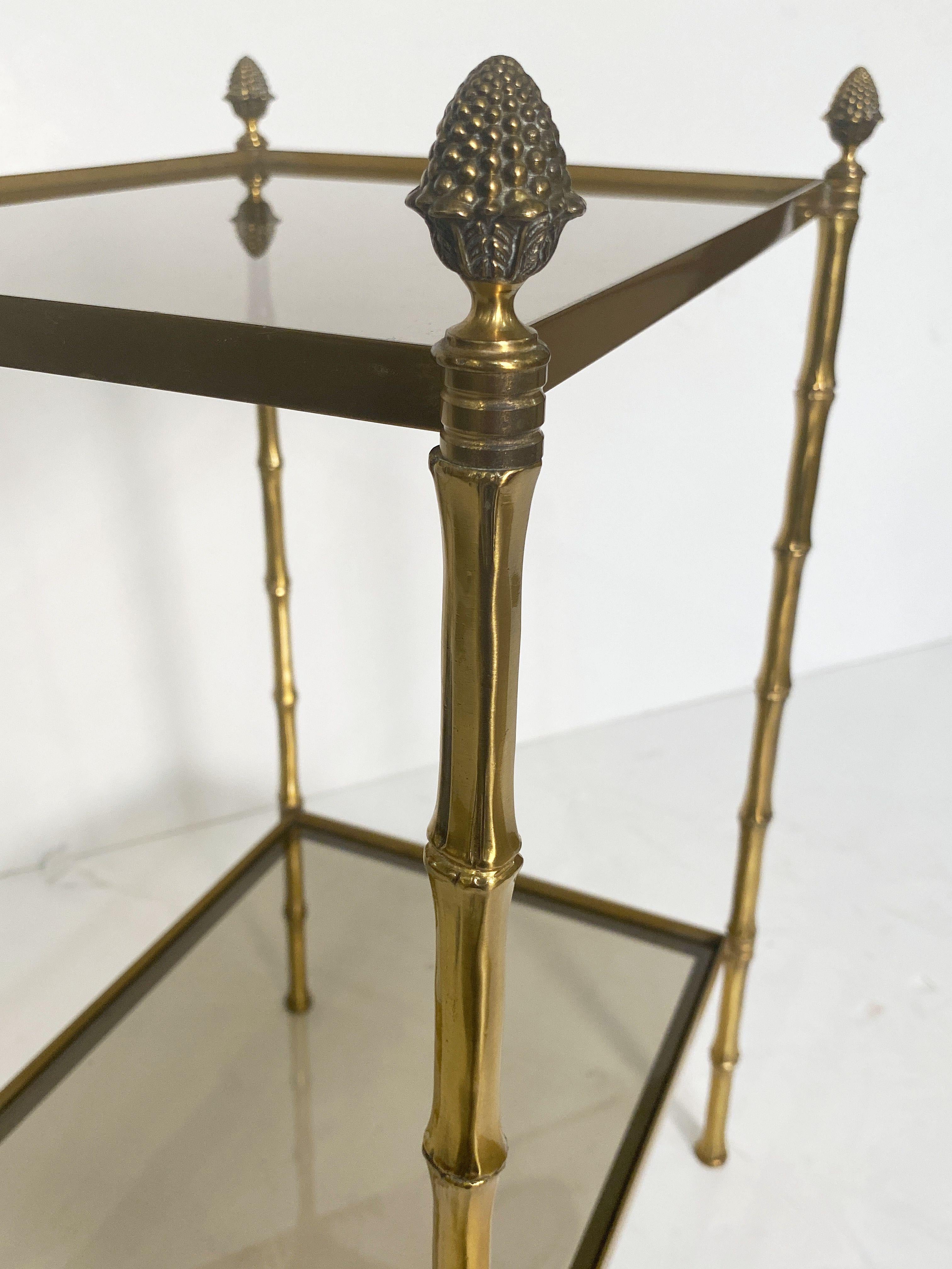 French Two-Tiered Side or End Table of Brass and Smoked Glass For Sale 5